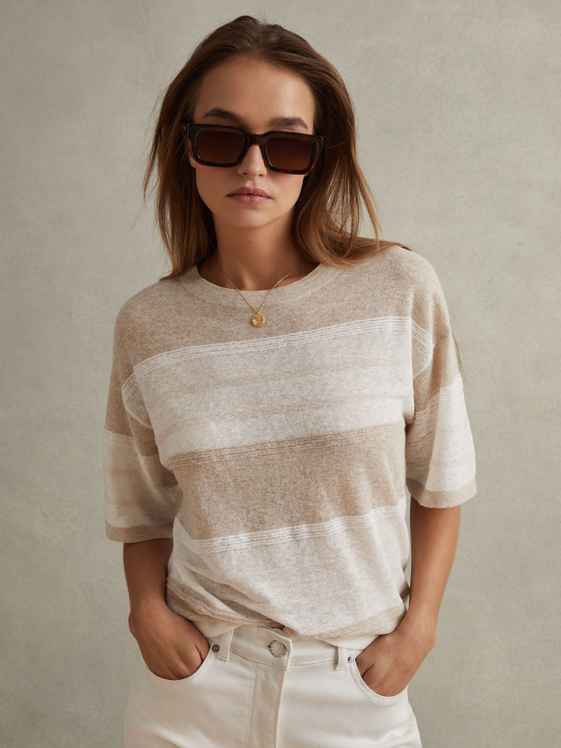 Knitted Crew Neck T-Shirt in Neutral/Ivory - Image 1 of 6