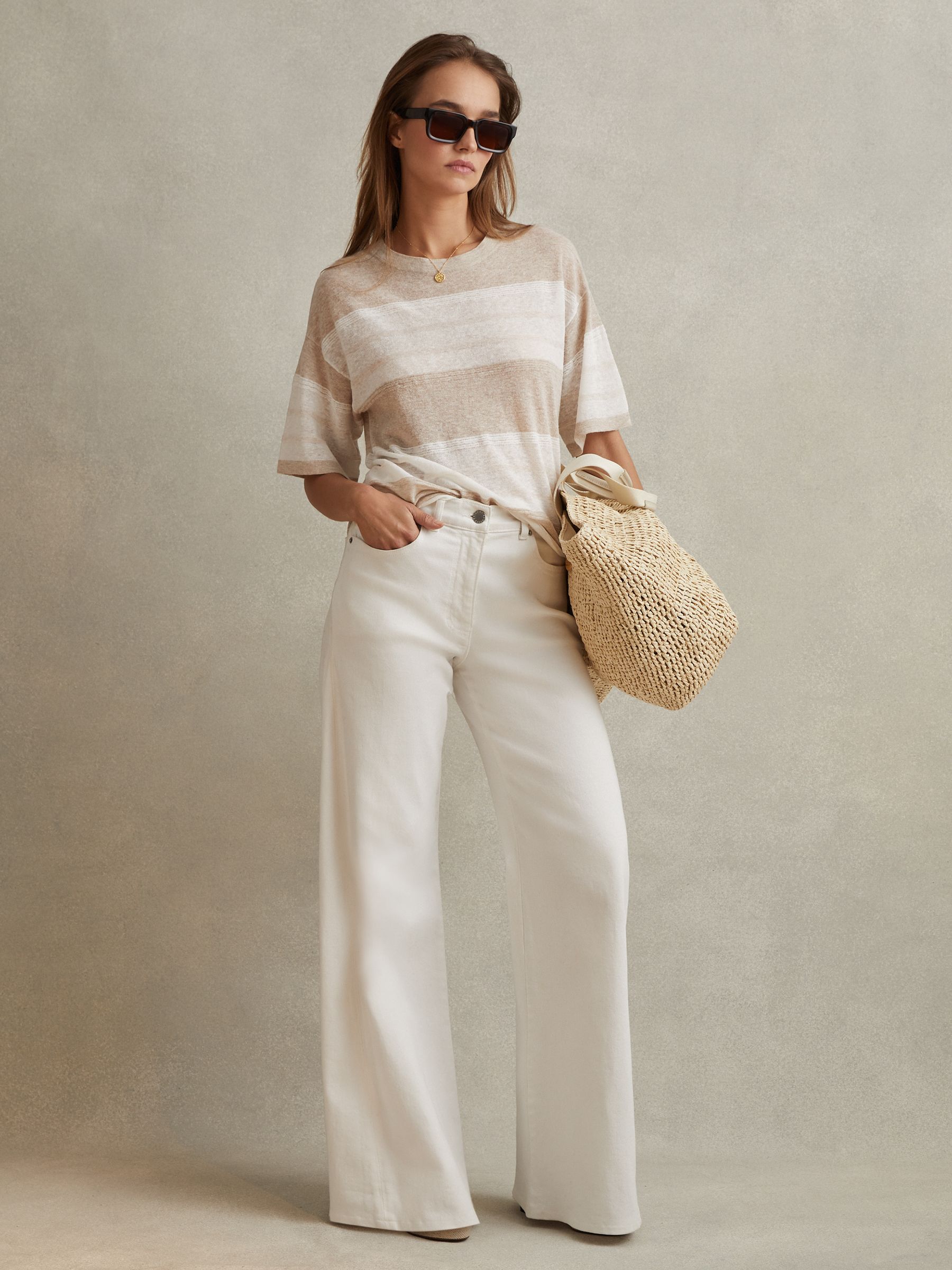 Knitted Crew Neck T-Shirt in Neutral/Ivory - Image 3 of 6