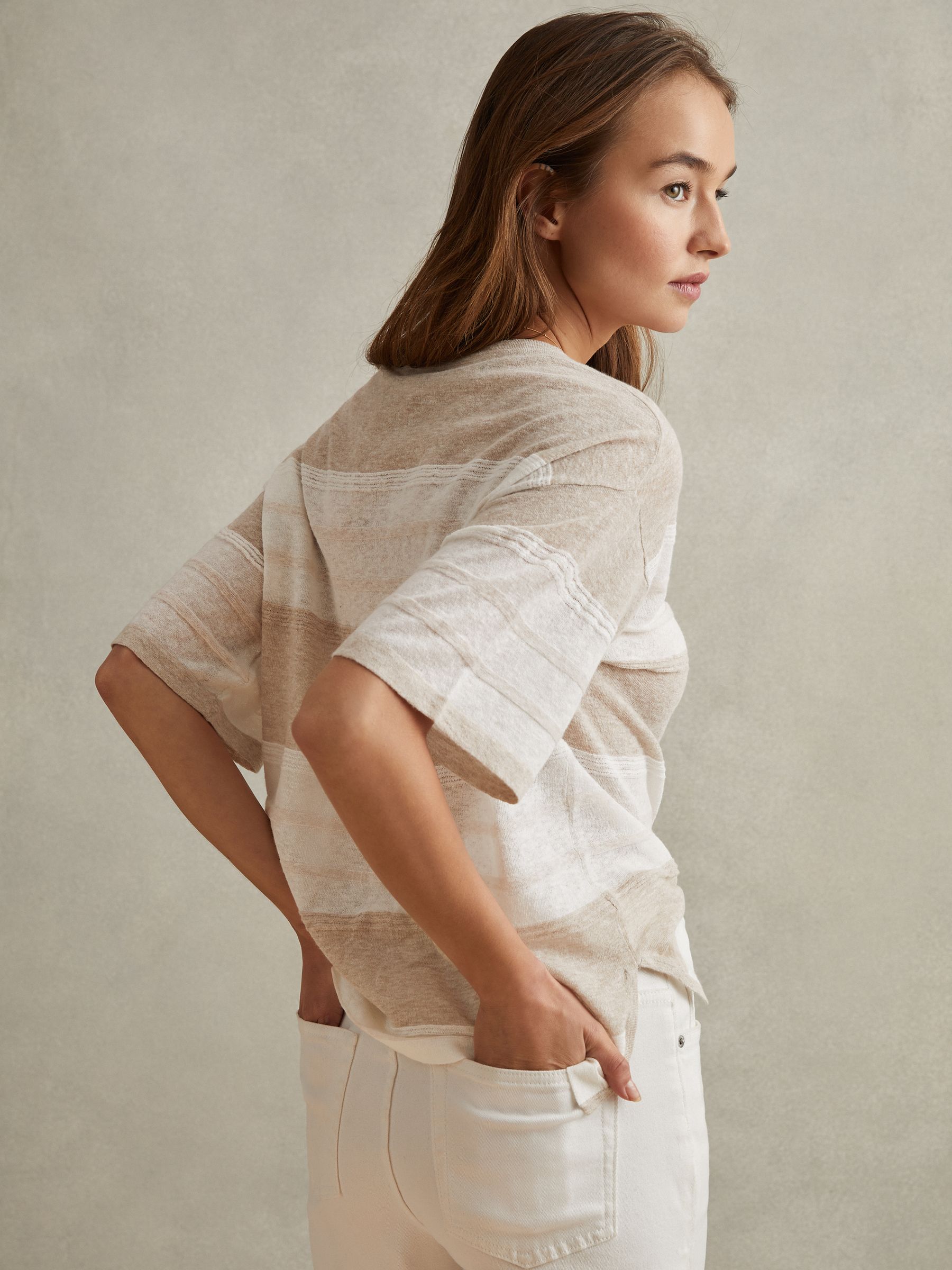 Knitted Crew Neck T-Shirt in Neutral/Ivory - Image 4 of 6
