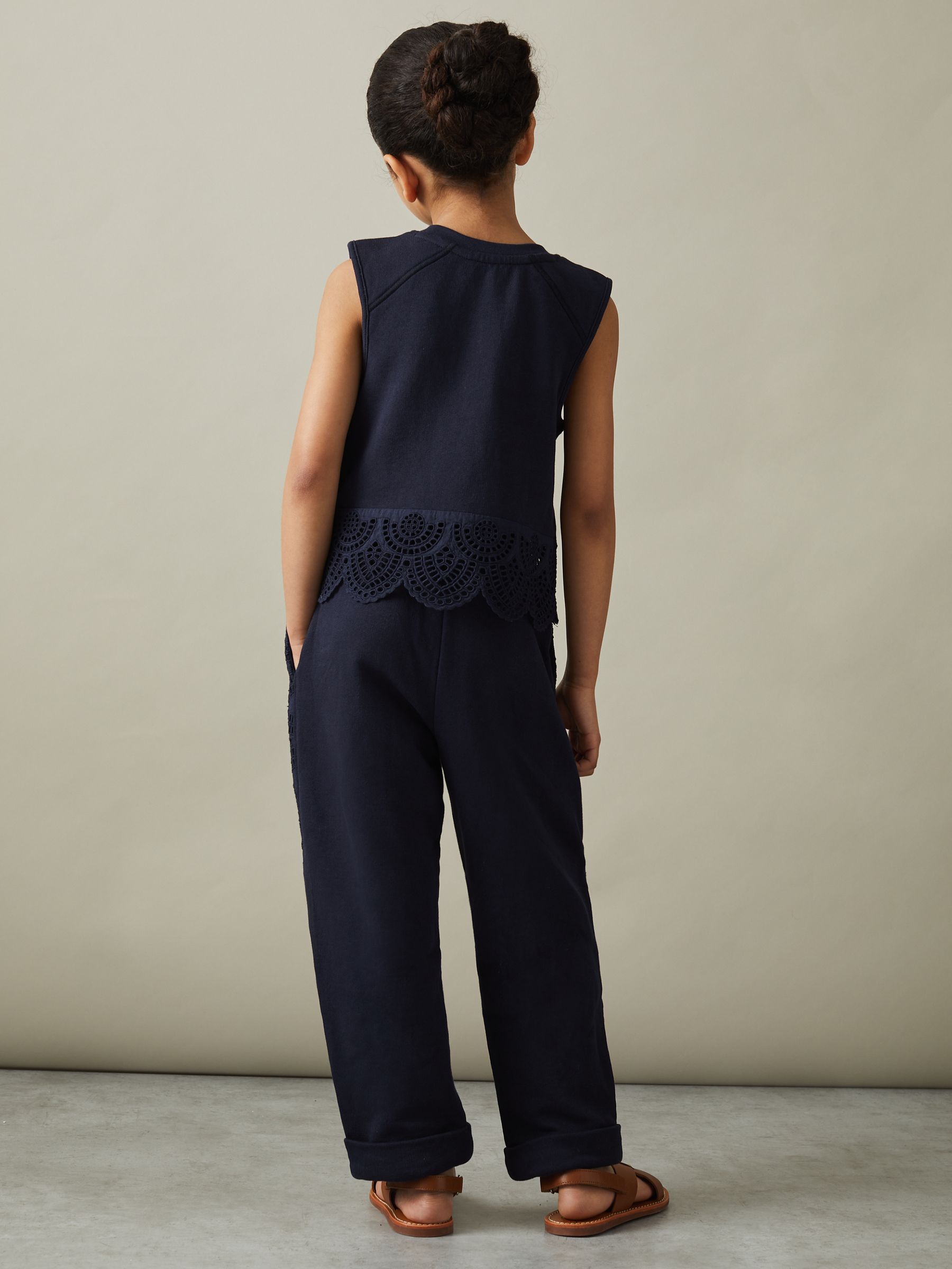4-9 yrs Cotton Broderie Drawstring Trousers in Navy - Image 4 of 5