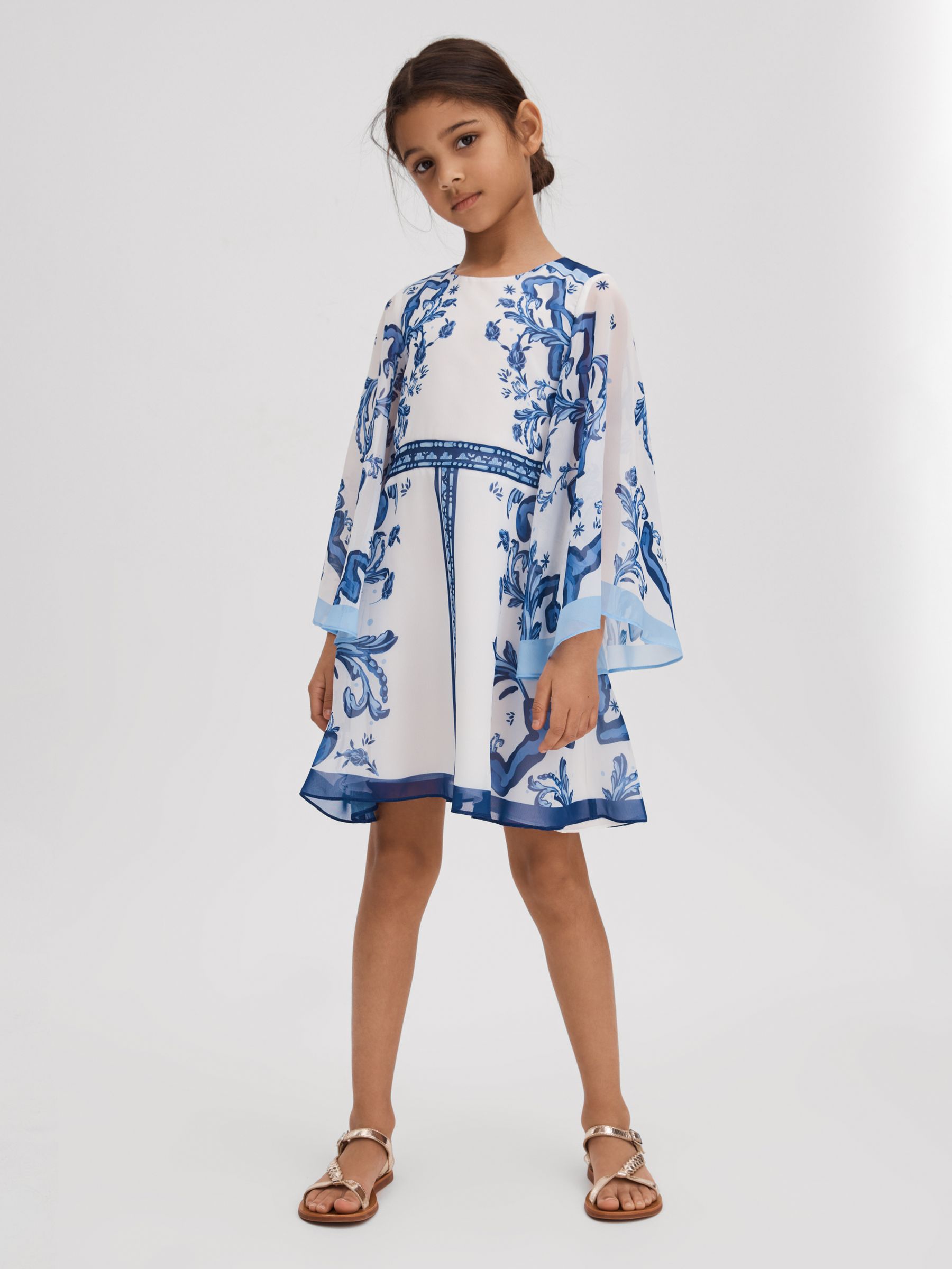 Teen Tile Print Flare Sleeve Dress in Blue Print - Image 2 of 4