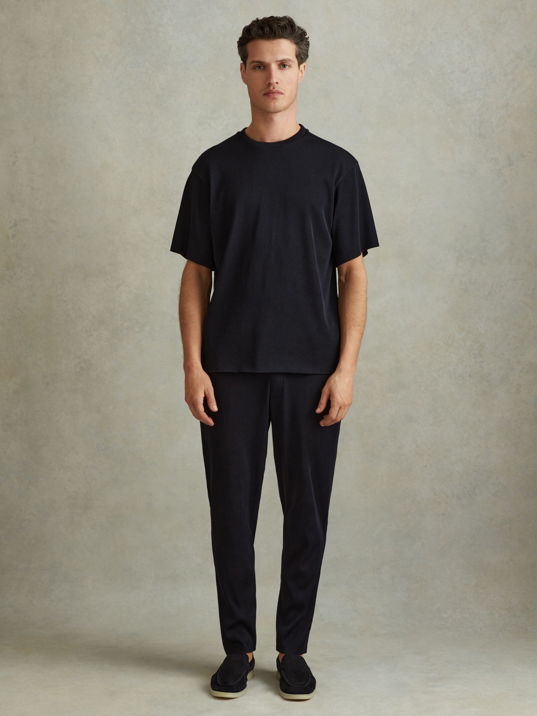 Ribbed Elasticated Waist Trousers in Navy - Image 1 of 5