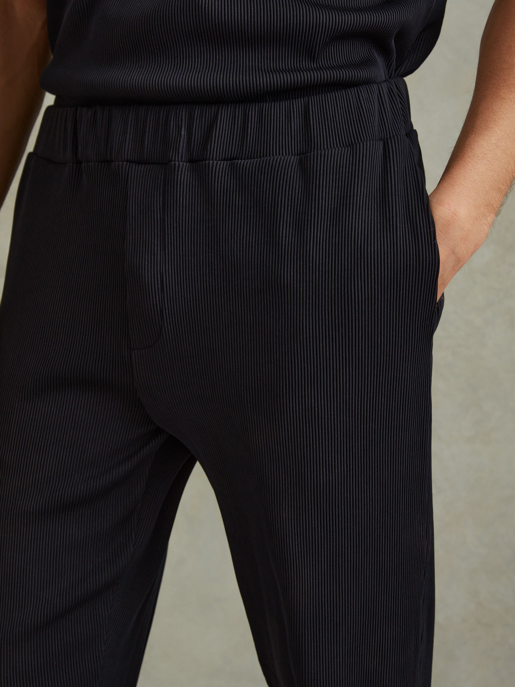 Ribbed Elasticated Waist Trousers in Navy - Image 3 of 5