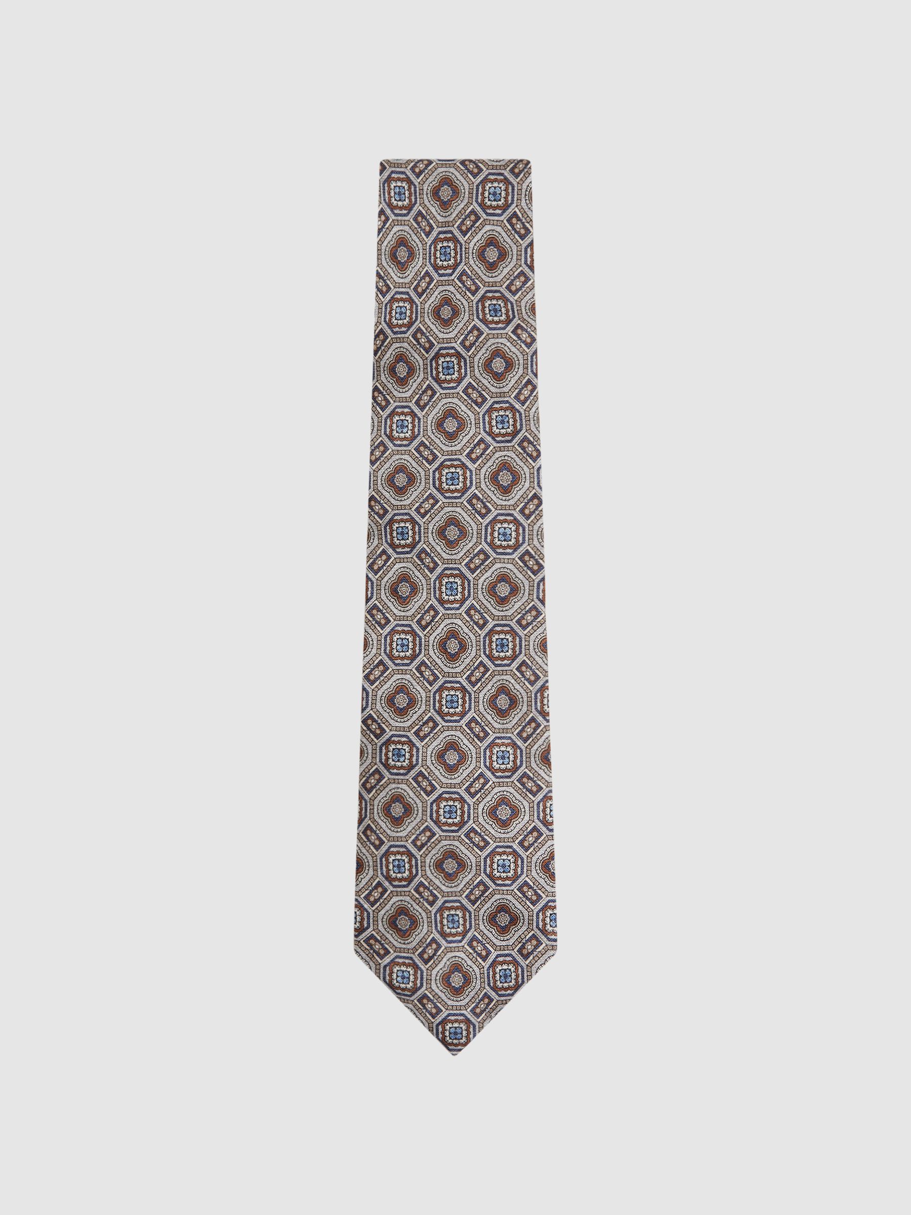 Silk Medallion Print Tie in Grey Multi - Image 1 of 5
