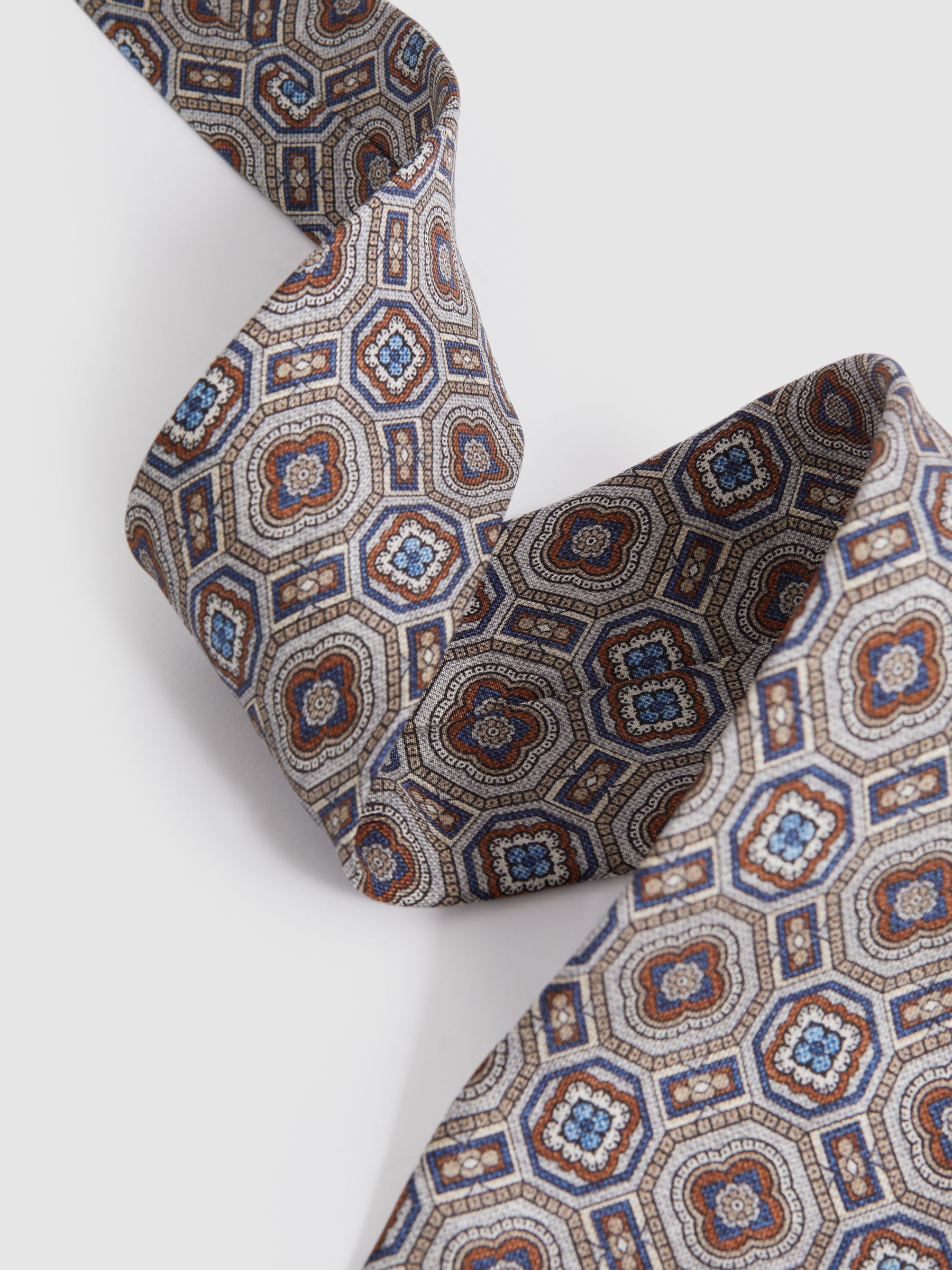 Silk Medallion Print Tie in Grey Multi - Image 3 of 5