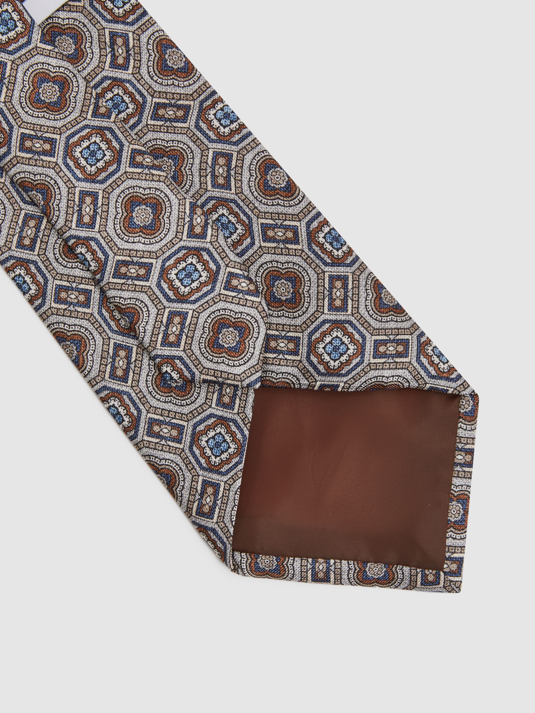 Silk Medallion Print Tie in Grey Multi - Image 4 of 5