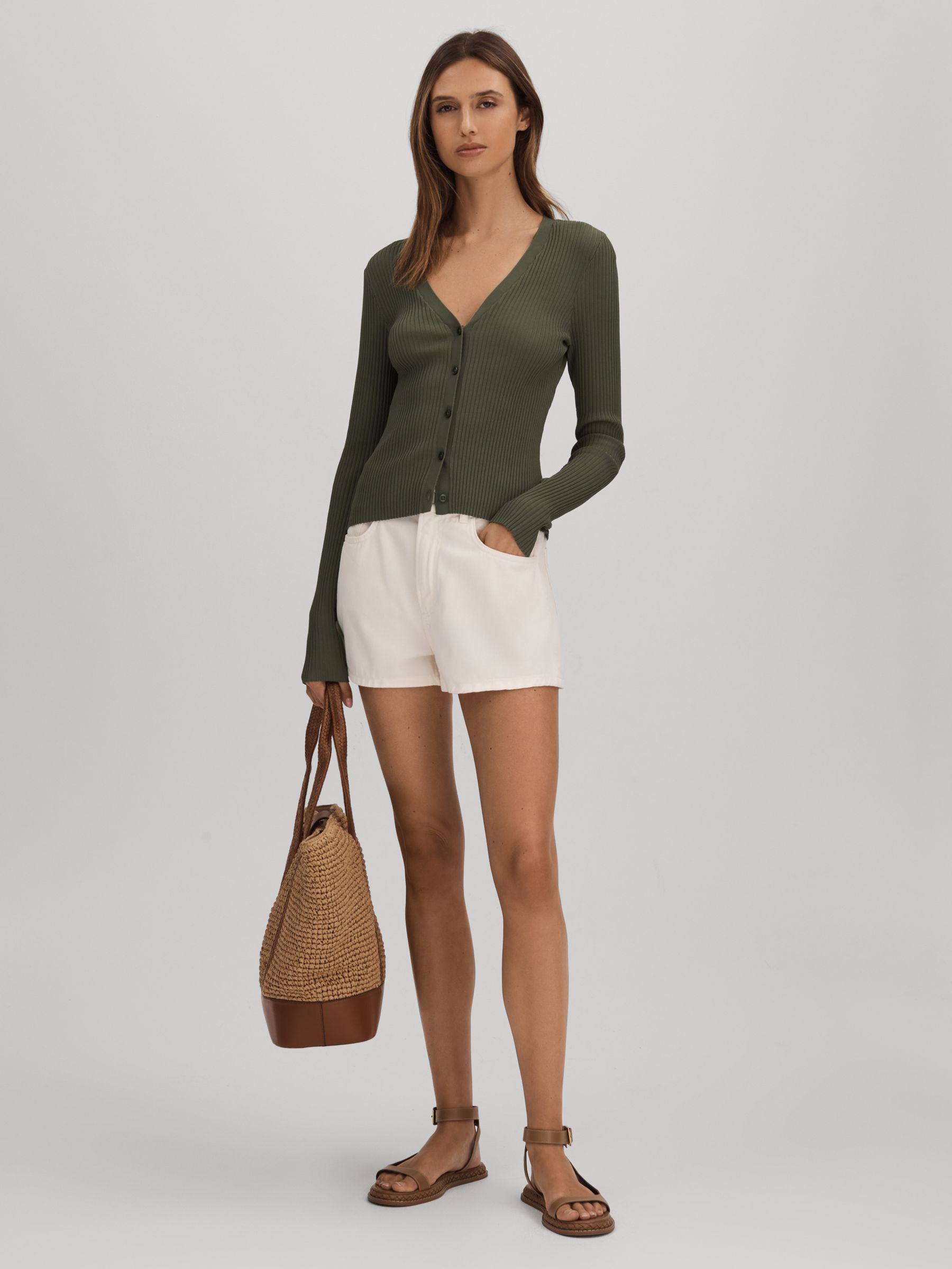 Good American Ribbed Cardigan in Army Green - Image 1 of 5