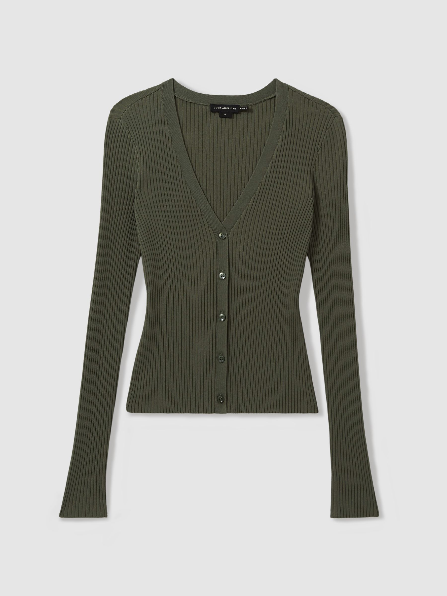 Good American Ribbed Cardigan in Army Green - Image 2 of 5