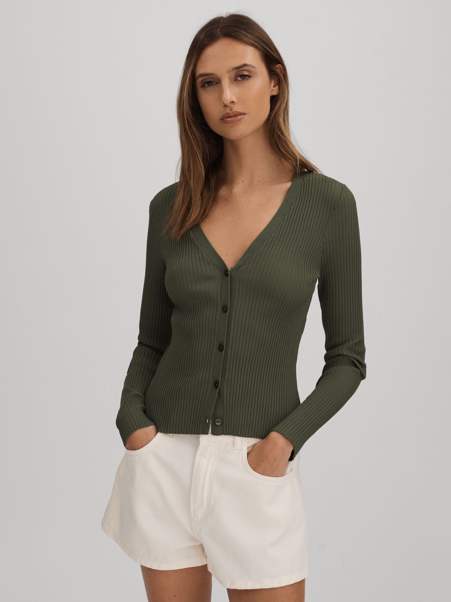 Good American Ribbed Cardigan in Army Green - Image 3 of 5