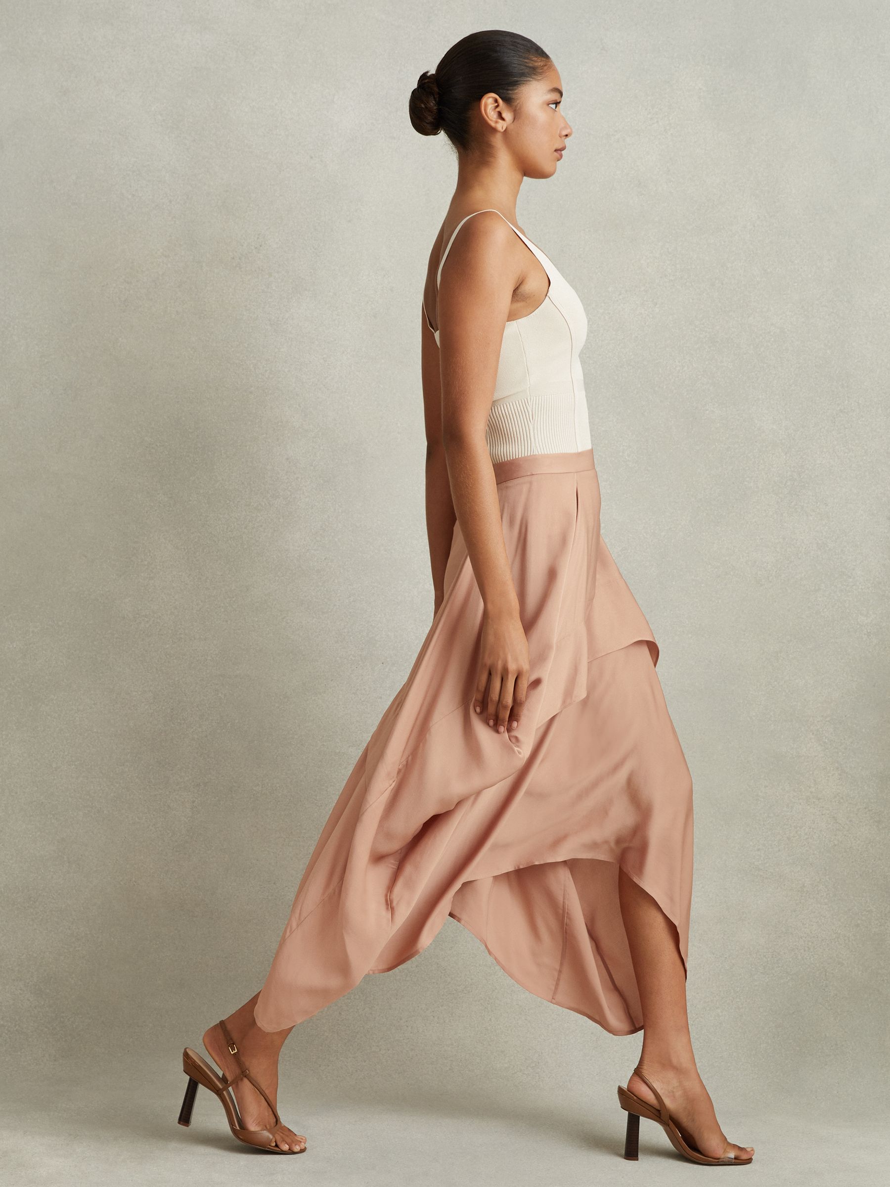 Side Pleat Asymmetric Midi Skirt in Nude - Image 3 of 5