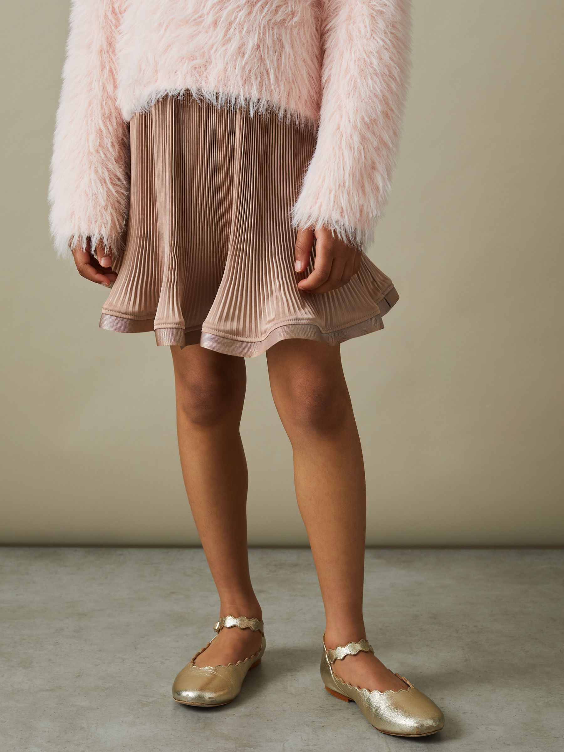 Junior Pleated Satin Trim Skirt in Camel - Image 1 of 4