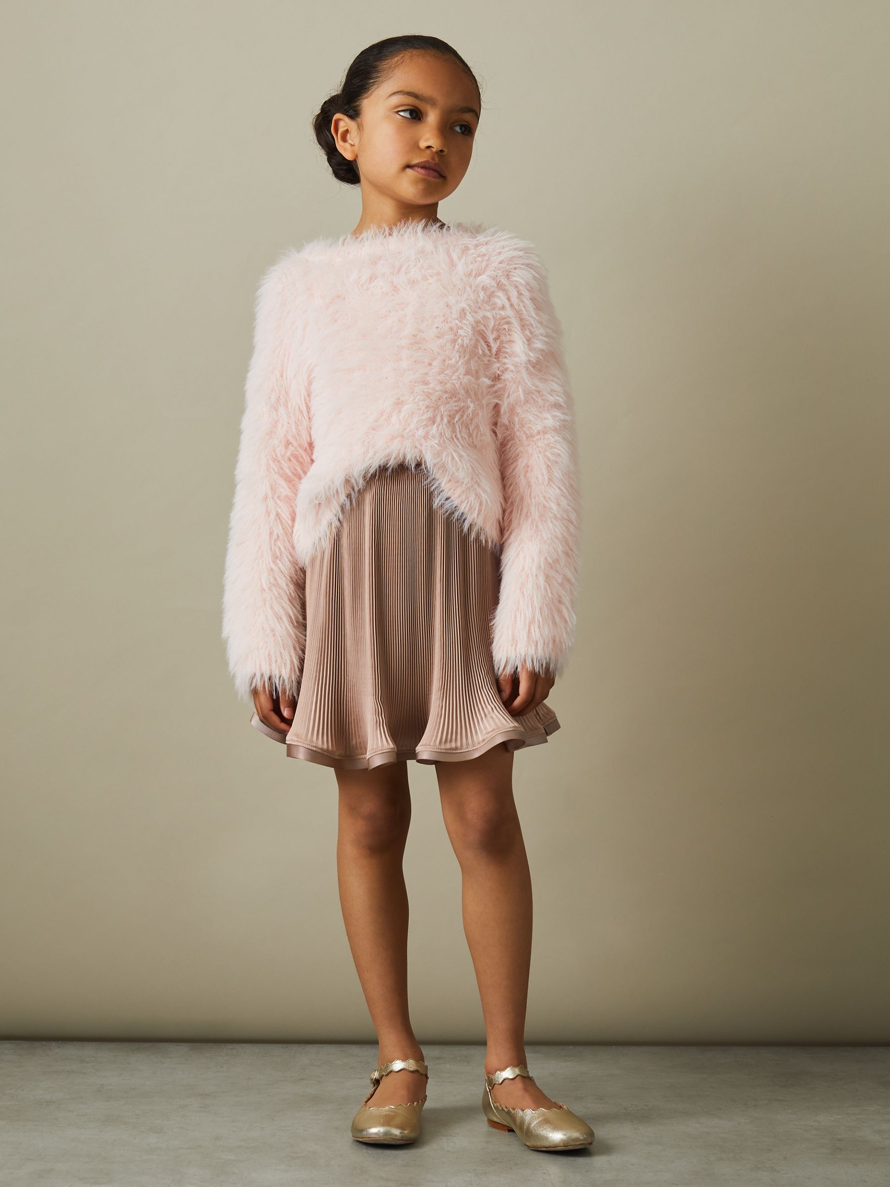Junior Pleated Satin Trim Skirt in Camel - Image 3 of 4