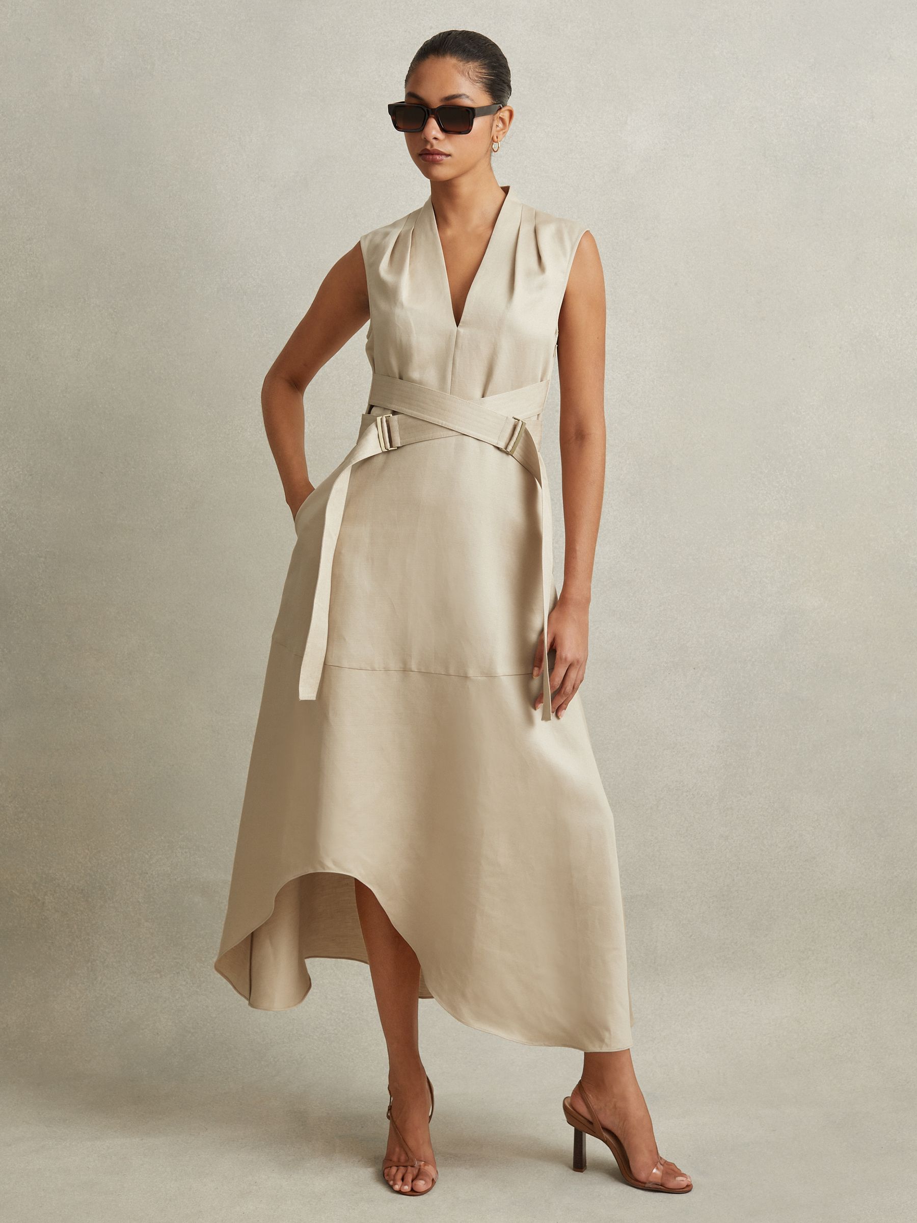 Linen Lyocell Strappy Midi Dress in Neutral - Image 1 of 6