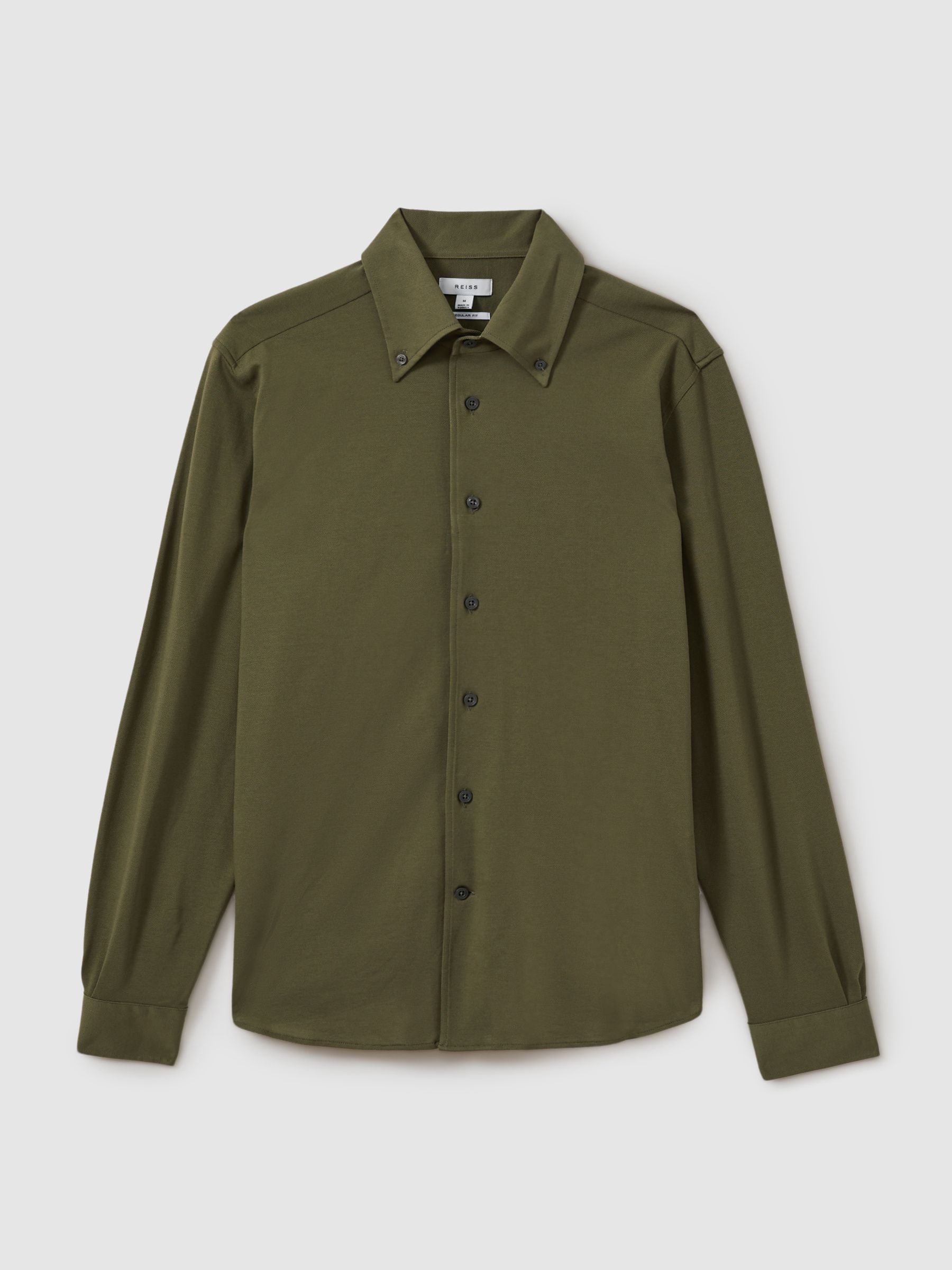 Garment Dyed Cotton Pique Oxford Shirt in Khaki - Image 2 of 5