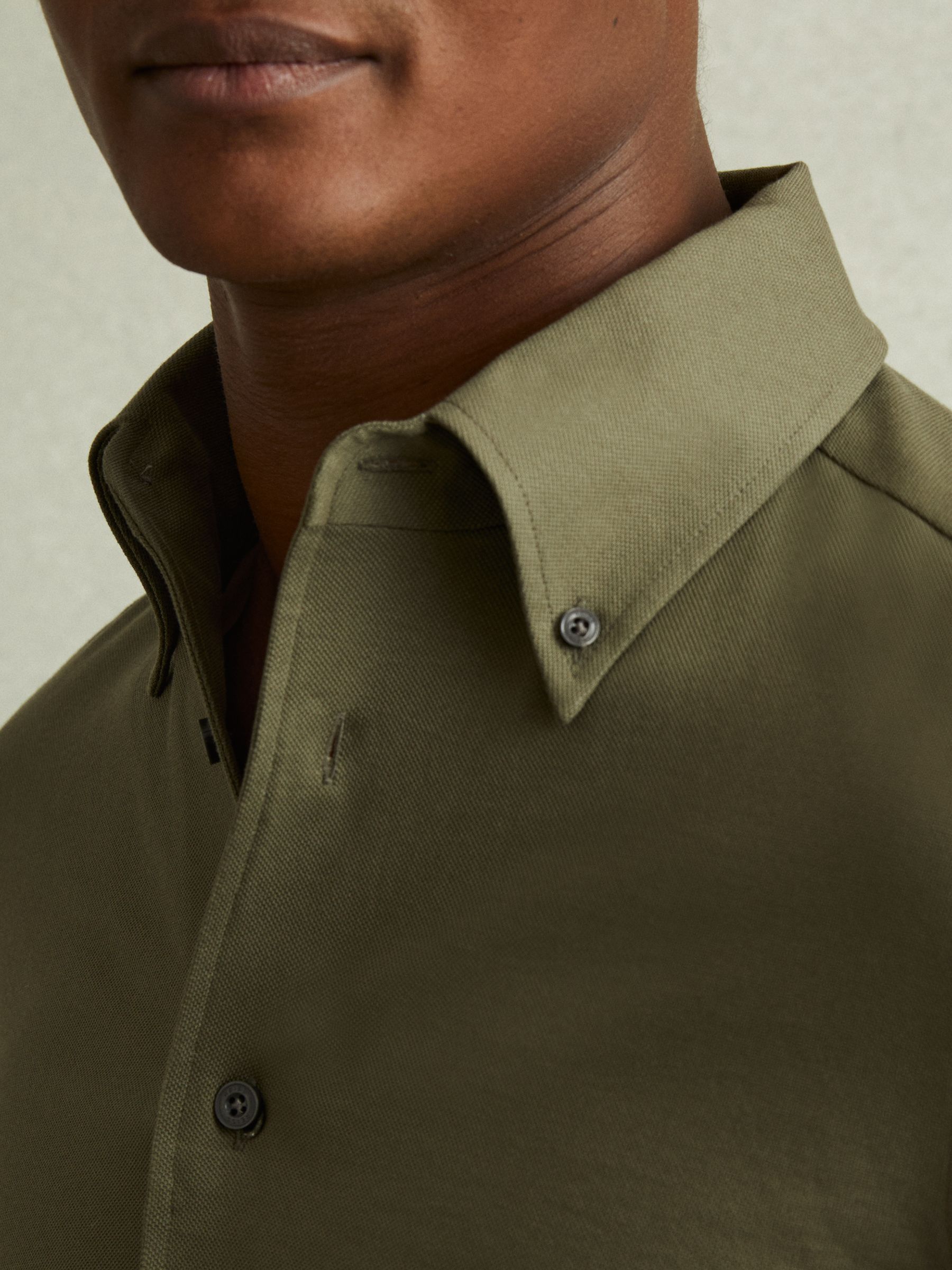 Garment Dyed Cotton Pique Oxford Shirt in Khaki - Image 3 of 5