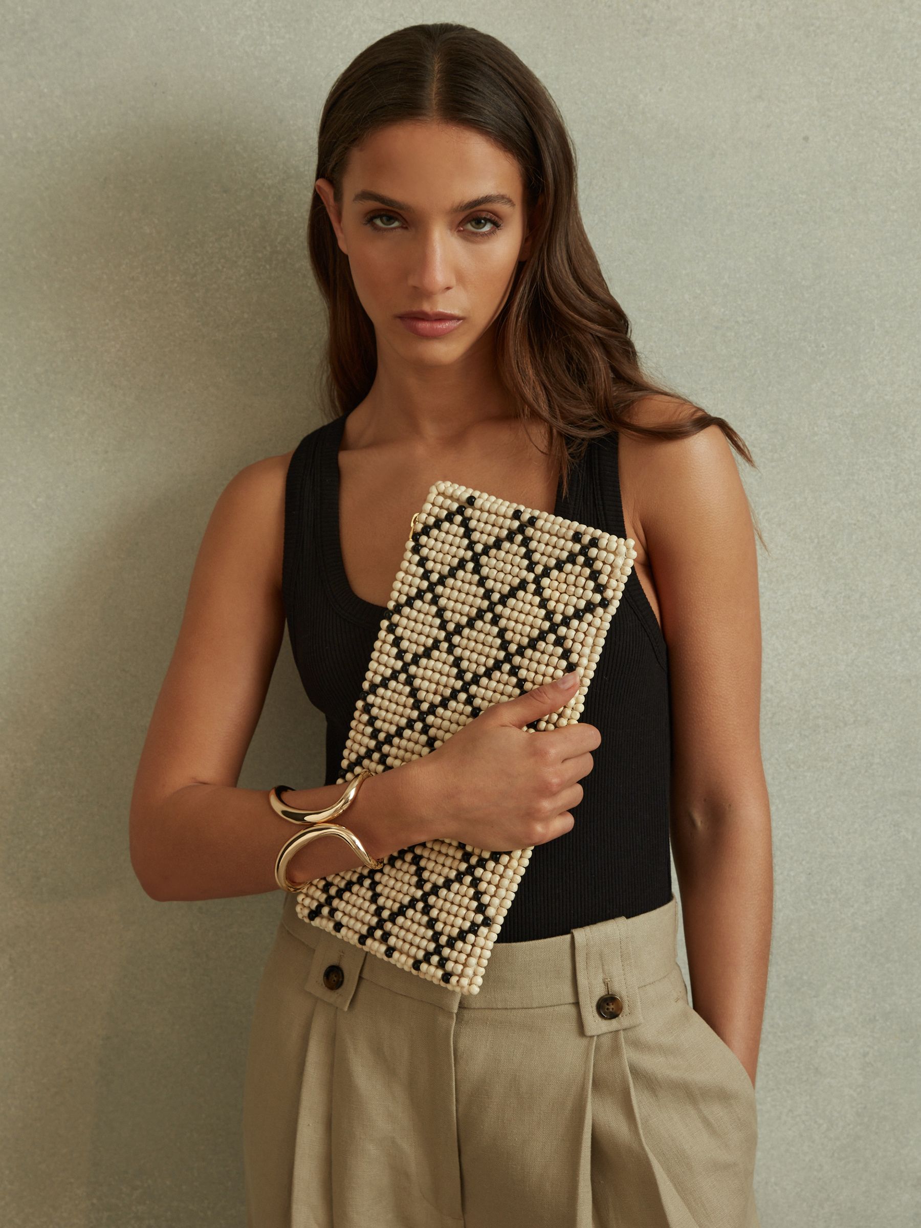 Wood-Beaded Clutch Bag in Natural/Black - Image 2 of 5