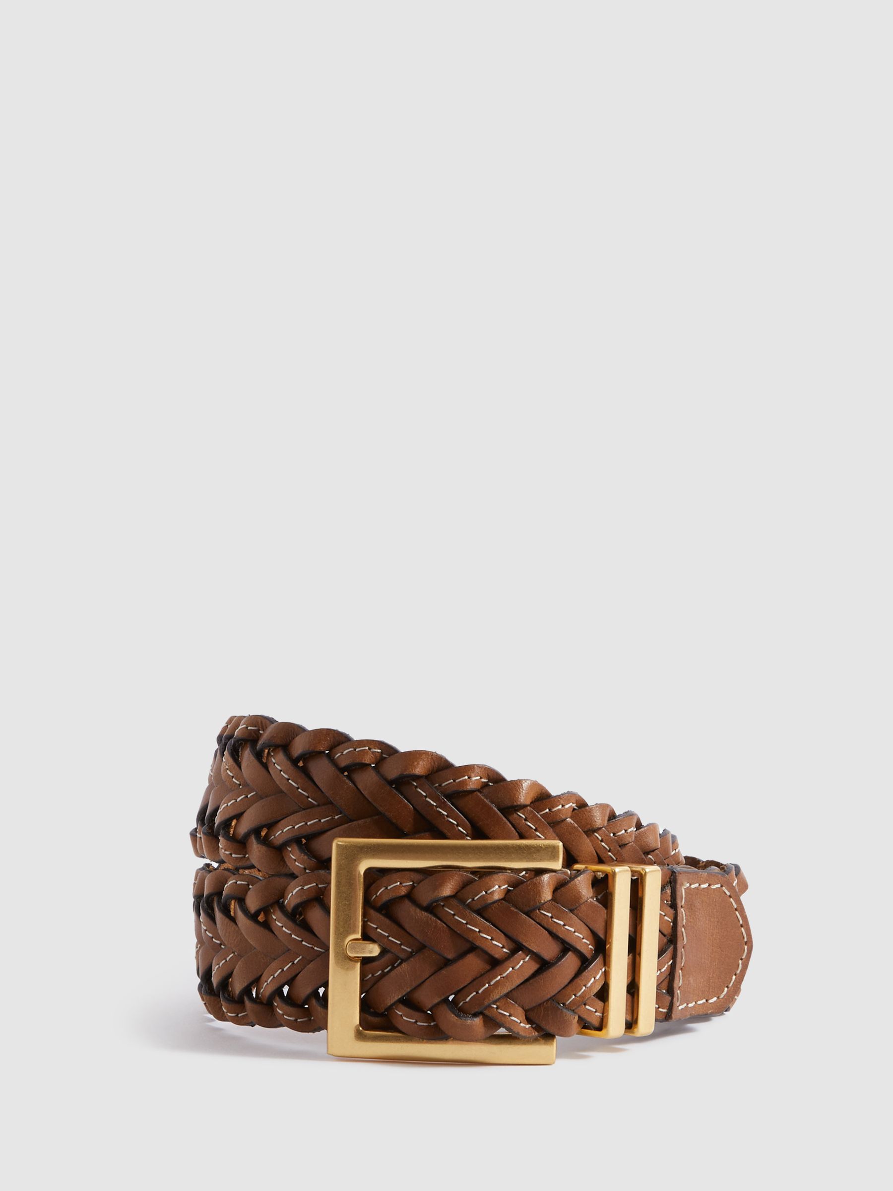 Woven gold and tan leather belt Fossil Leather Belt Woven Braided Gold Brown Beige Tan Women  main image 3