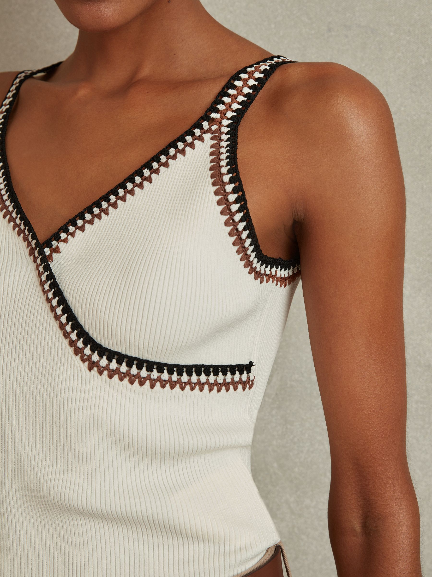 Knitted Crochet Trim Vest in White/Camel - Image 4 of 6