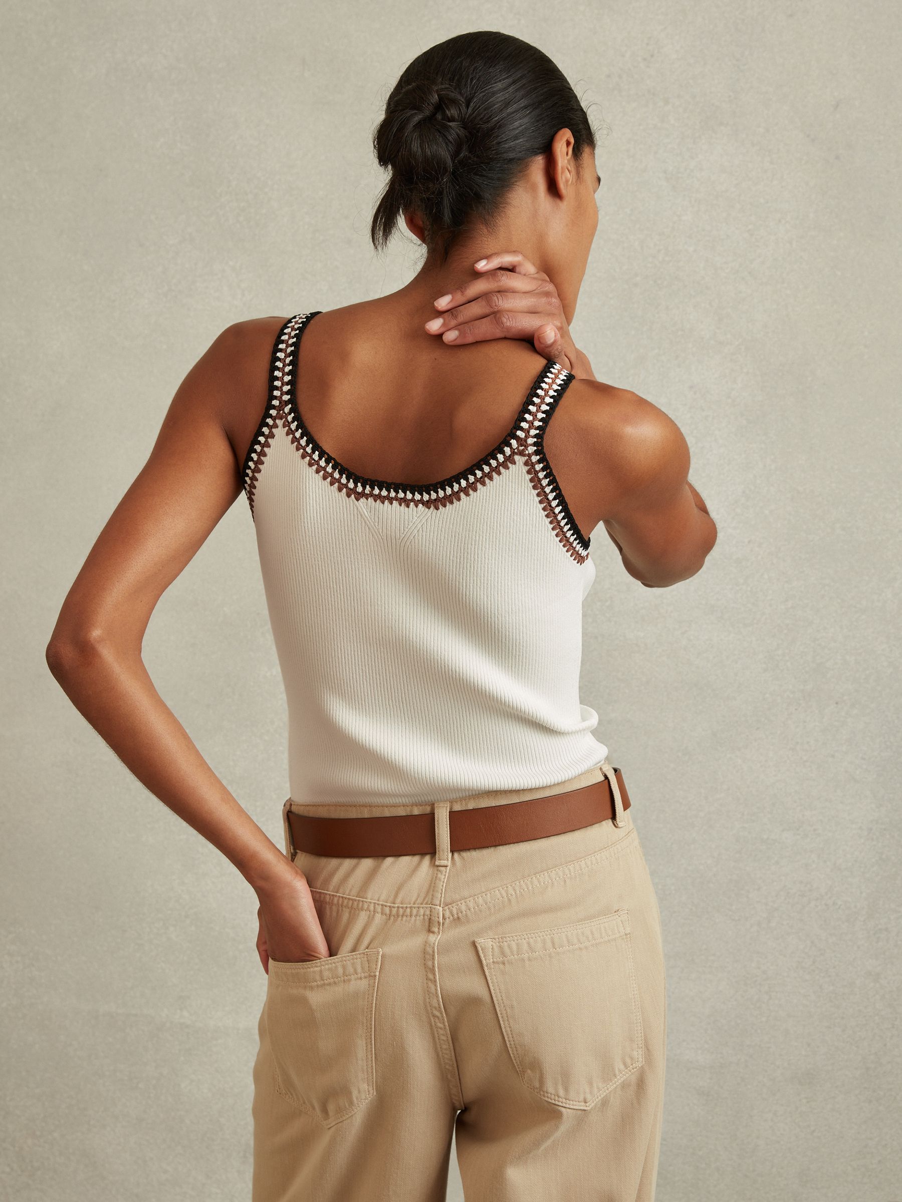 Knitted Crochet Trim Vest in White/Camel - Image 5 of 6