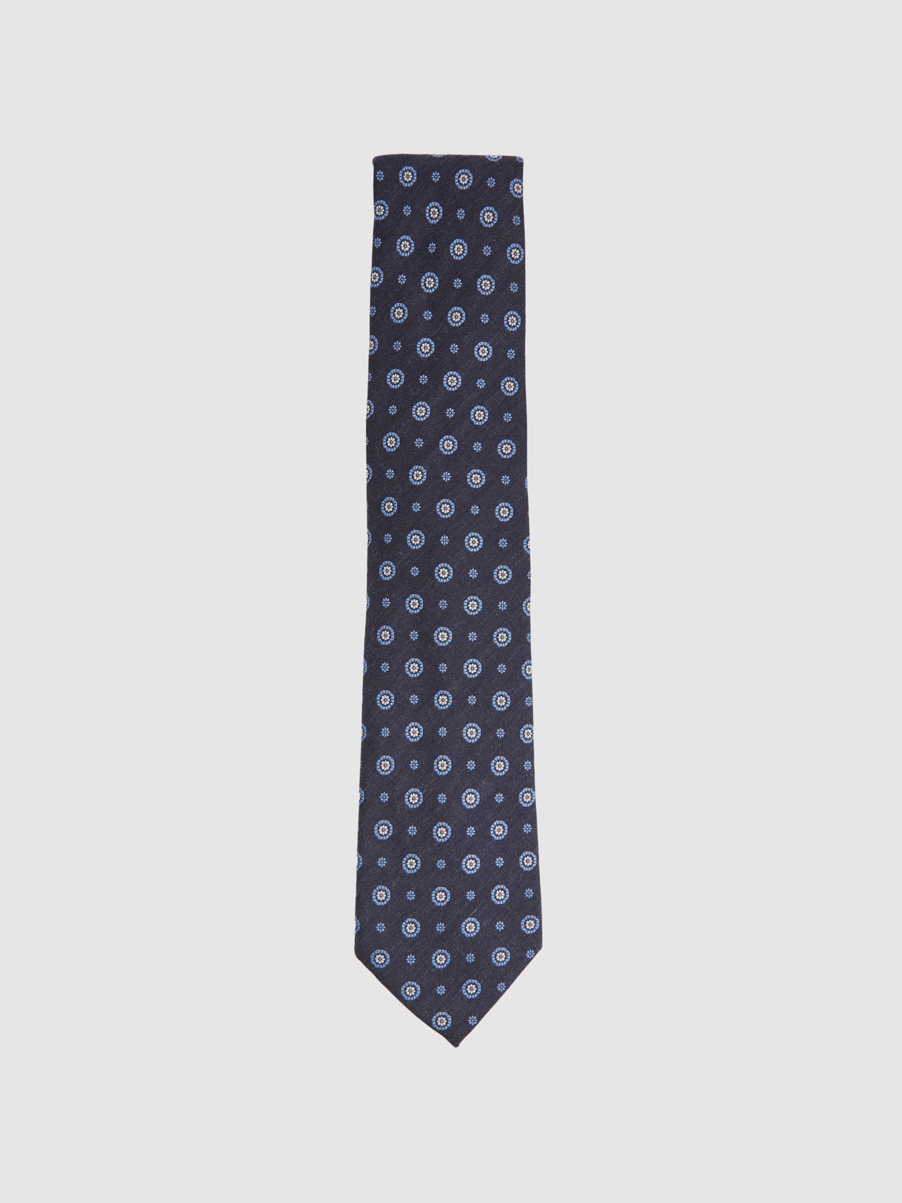 Cotton Silk Medallion Design Tie in Navy - Image 1 of 4 Cotton Silk Medallion Design Tie in Navy - Image 1 of 4