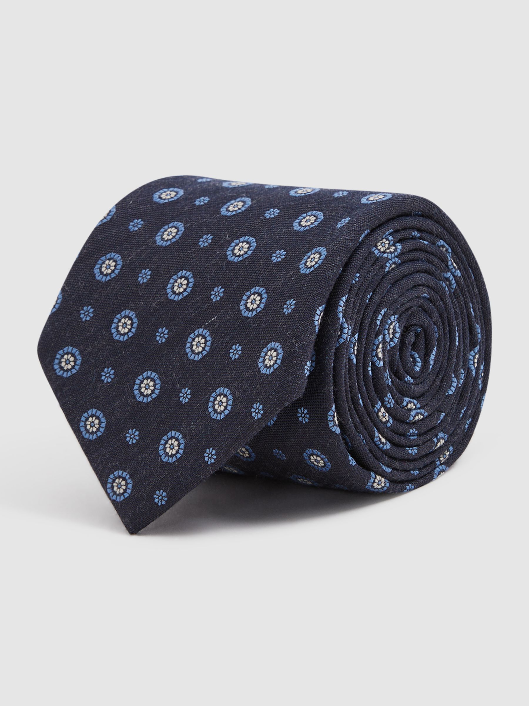 Cotton Silk Medallion Design Tie in Navy - Image 3 of 4