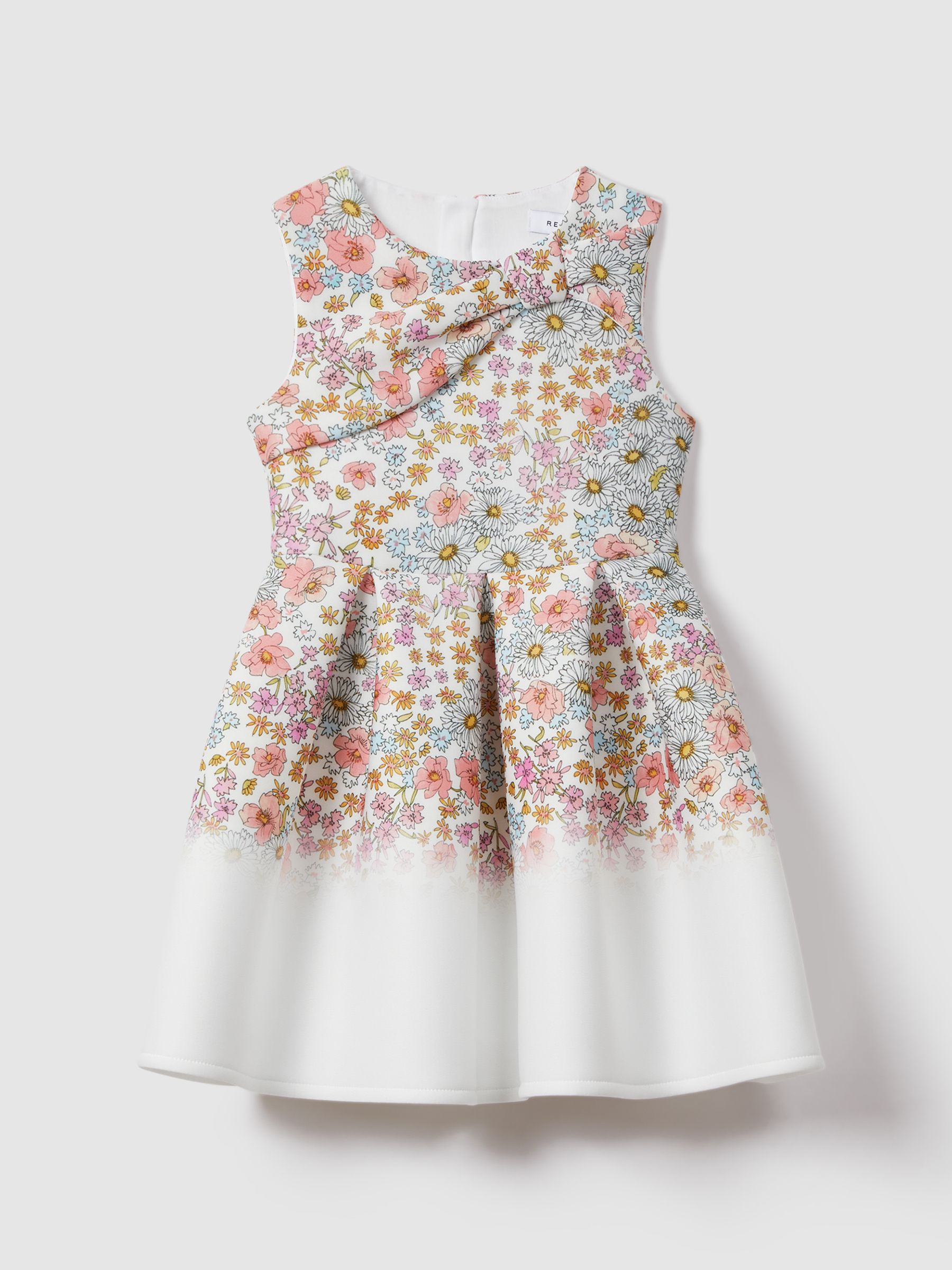 9-13 yrs Floral Print Scuba Bow Fit and Flare Dress in Pink Print - Image 2 of 5