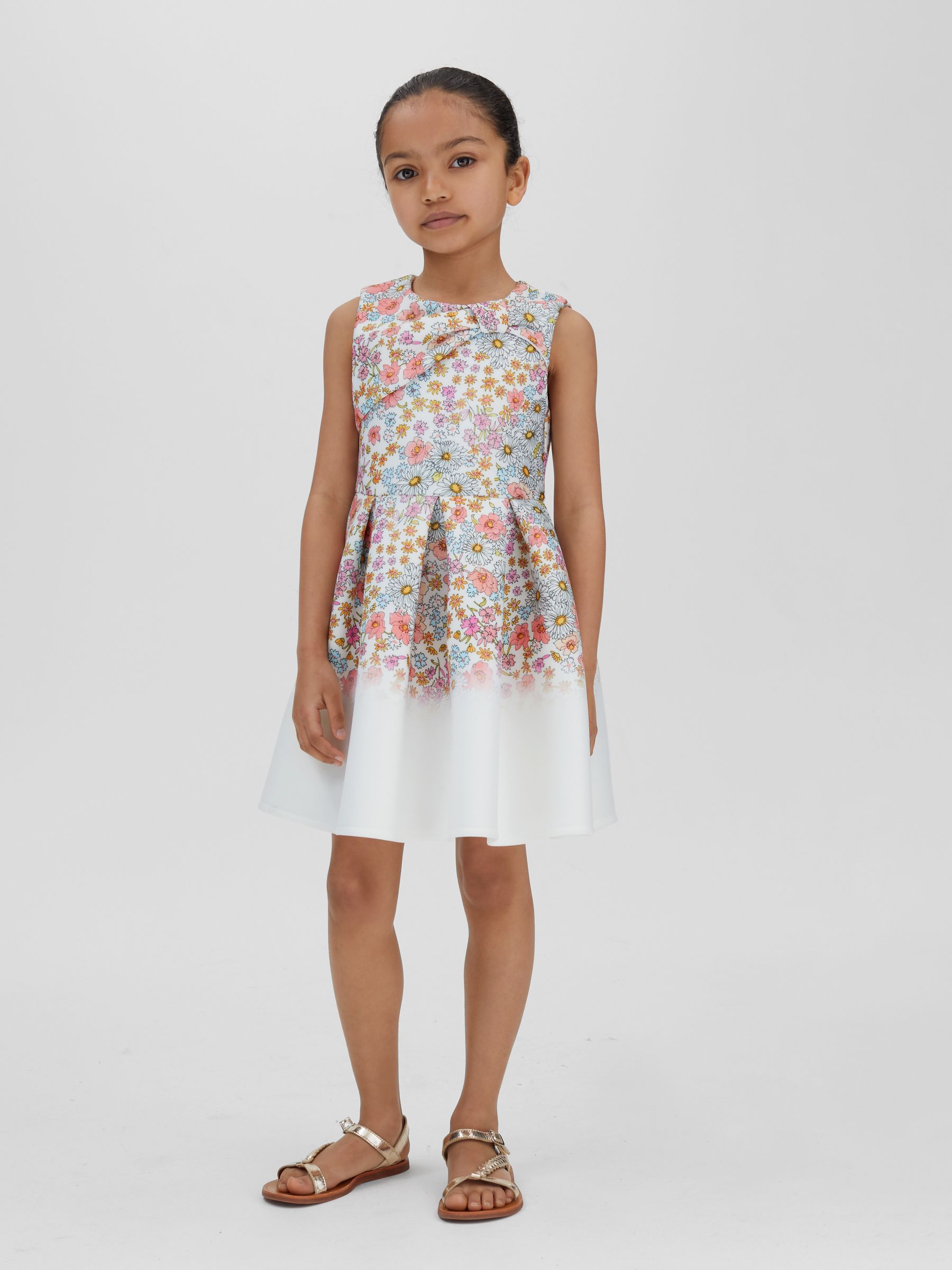 9-13 yrs Floral Print Scuba Bow Fit and Flare Dress in Pink Print - Image 3 of 5