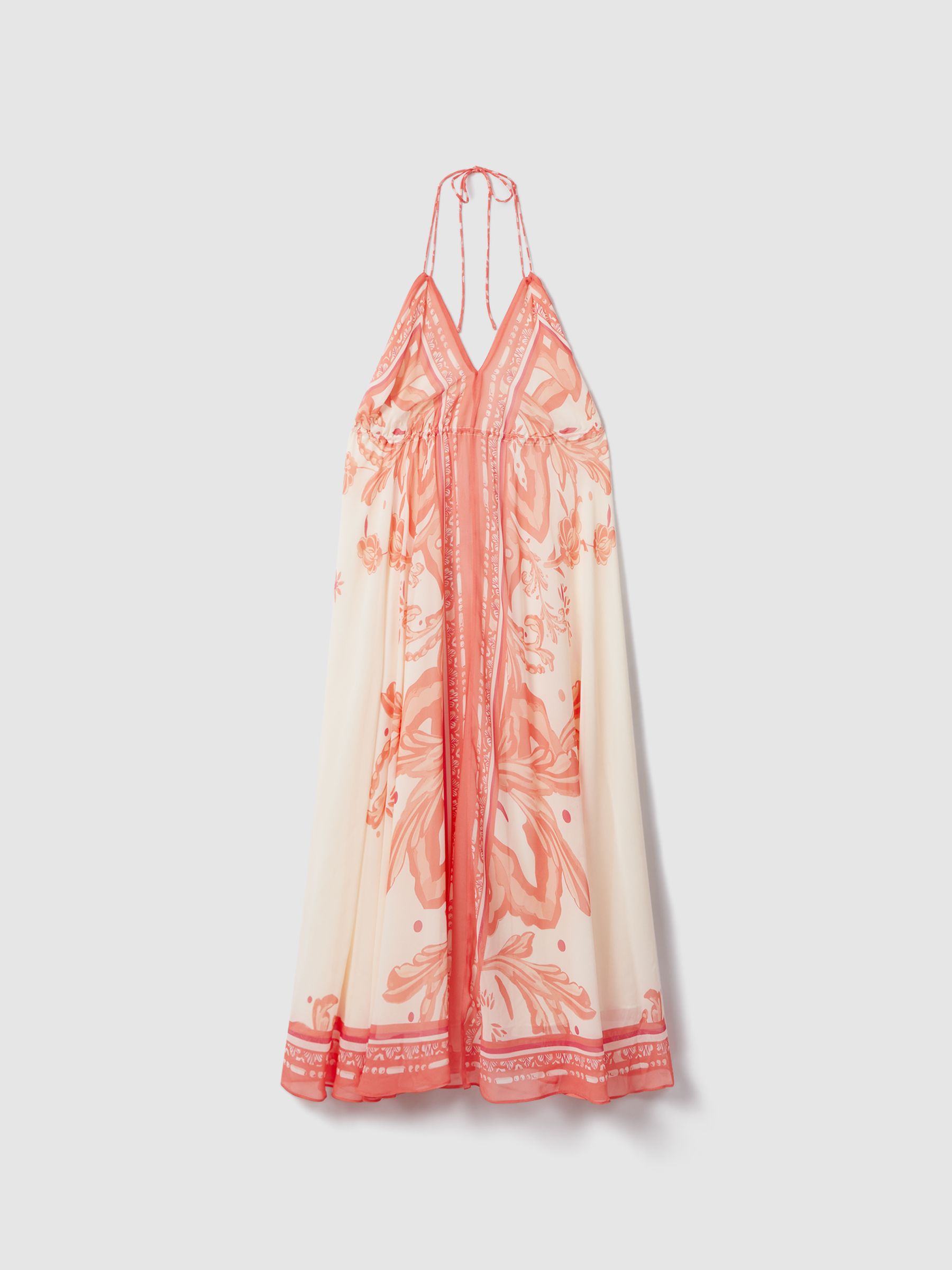 Printed Ruched Waist Midi Dress in Coral - Image 2 of 6