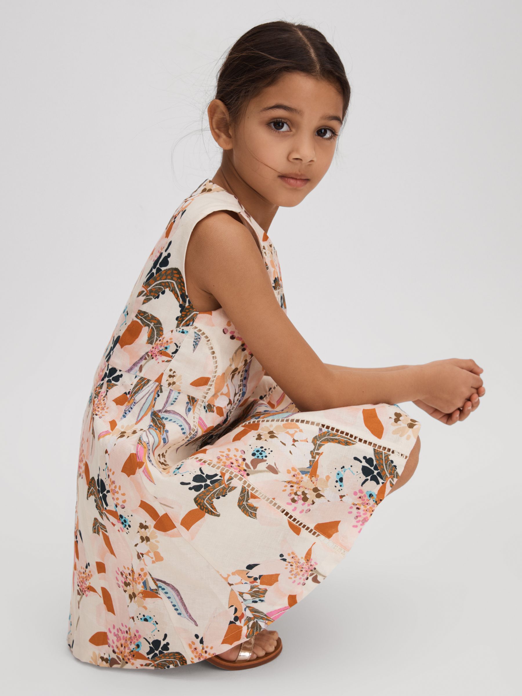 4-9 yrs Linen Cotton Stitch Dress in Pink Print - Image 3 of 4