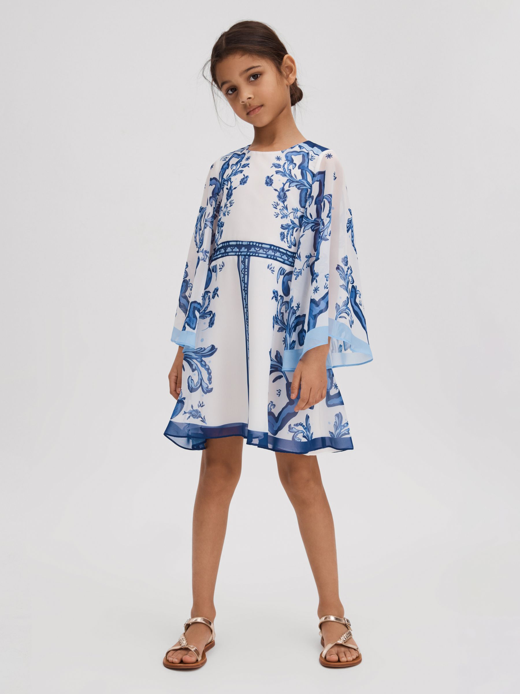 4-9 yrs Tile Print Flare Sleeve Dress in Blue Print - Image 1 of 4