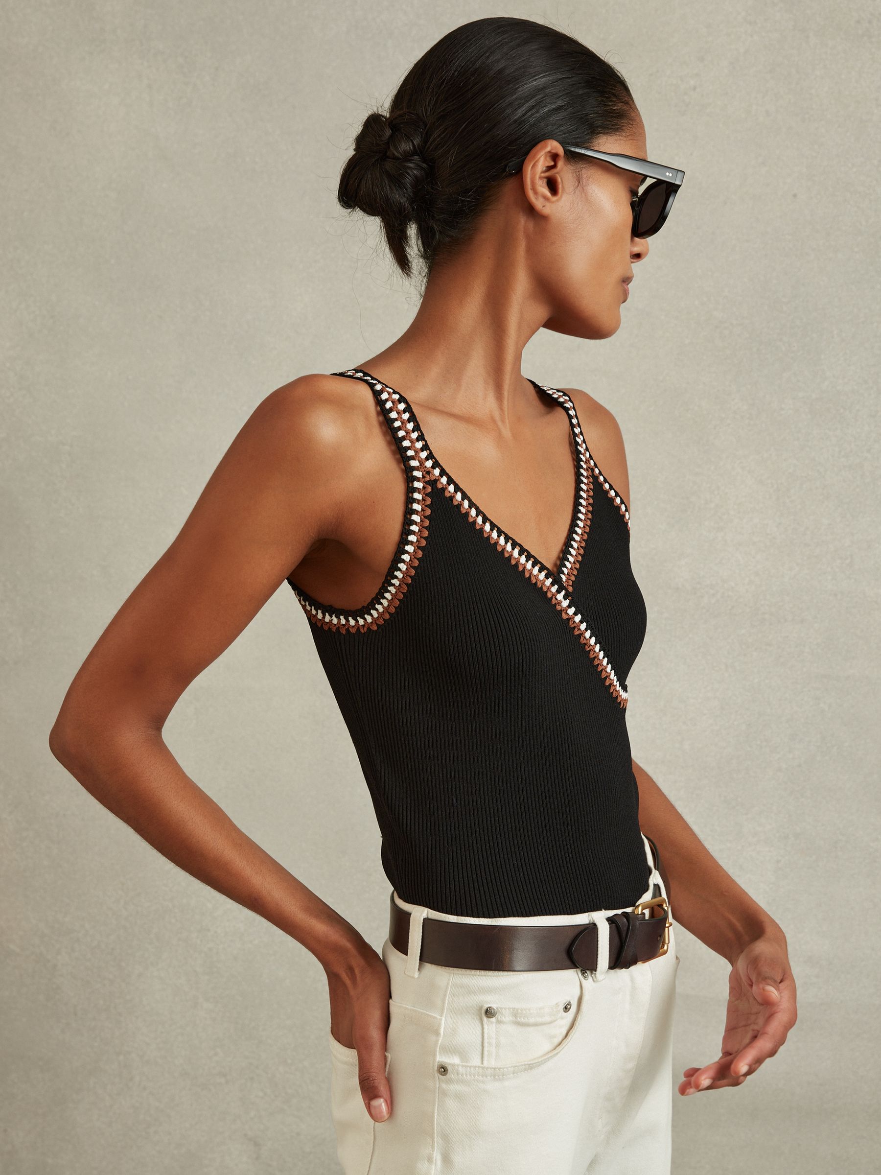 Knitted Crochet Trim Vest in Black/Camel - Image 3 of 6