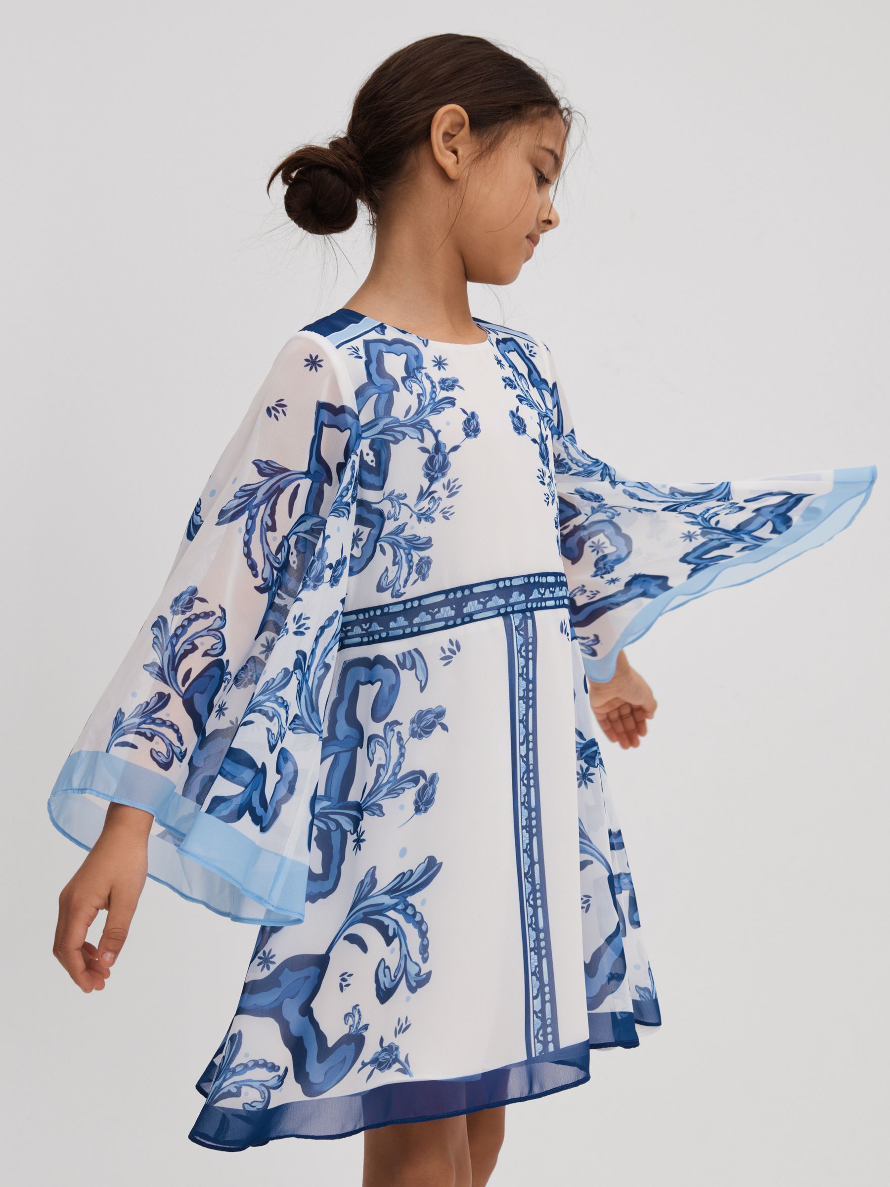9-13 yrs Tile Print Flare Sleeve Dress in Blue Print - Image 1 of 4
