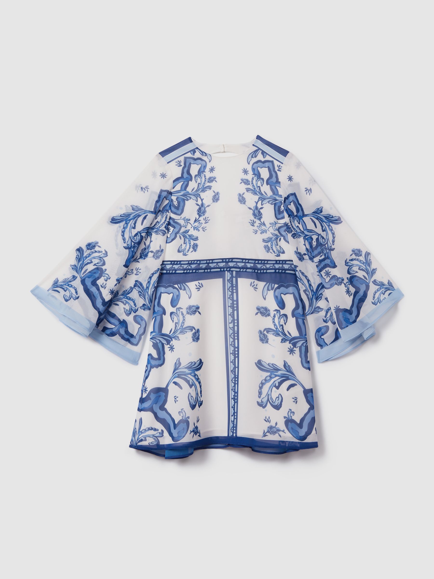 9-13 yrs Tile Print Flare Sleeve Dress in Blue Print - Image 2 of 4