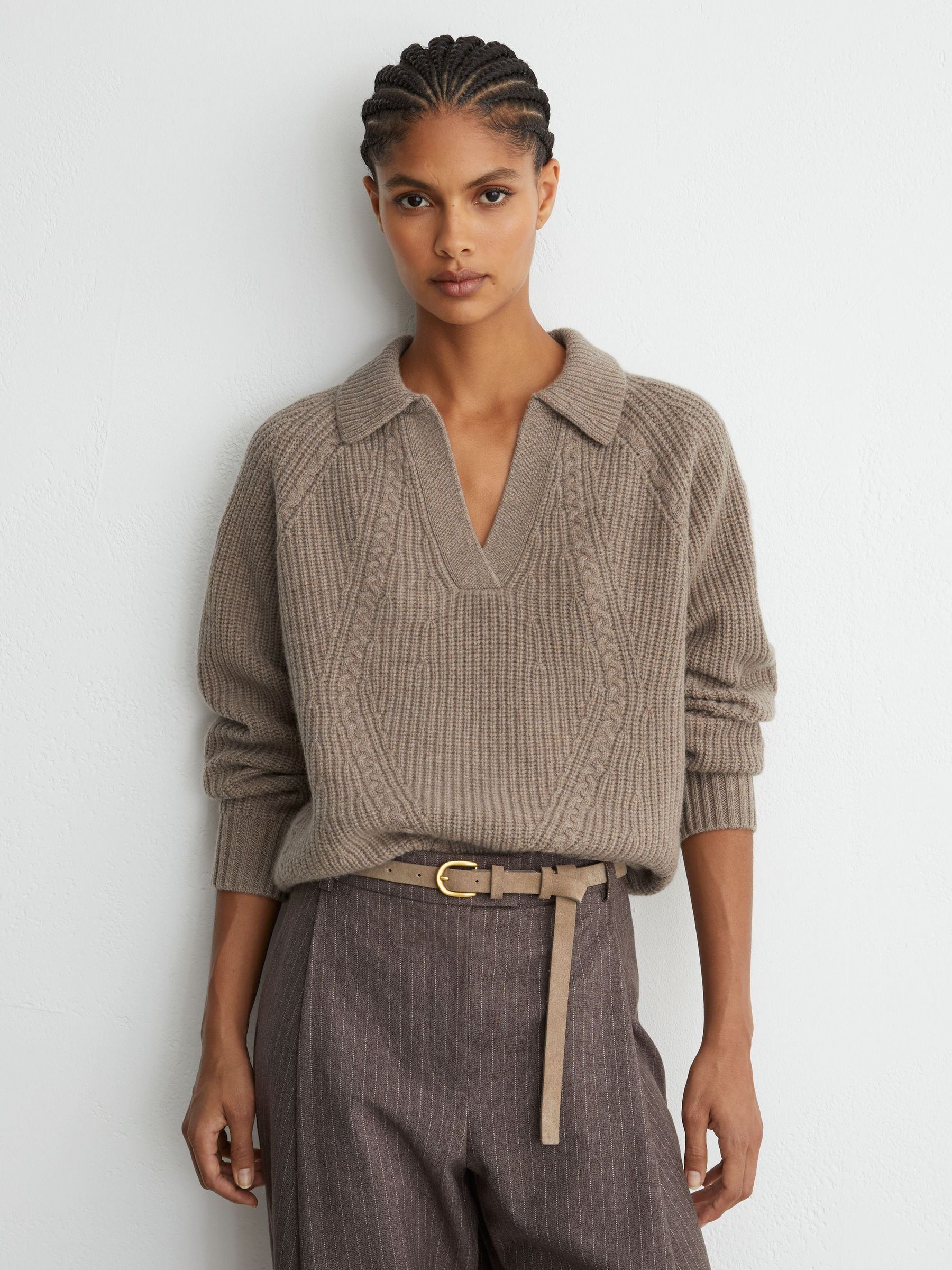 Wool-Cashmere Cable-Knit Detail Jumper in Neutral - Image 1 of 7