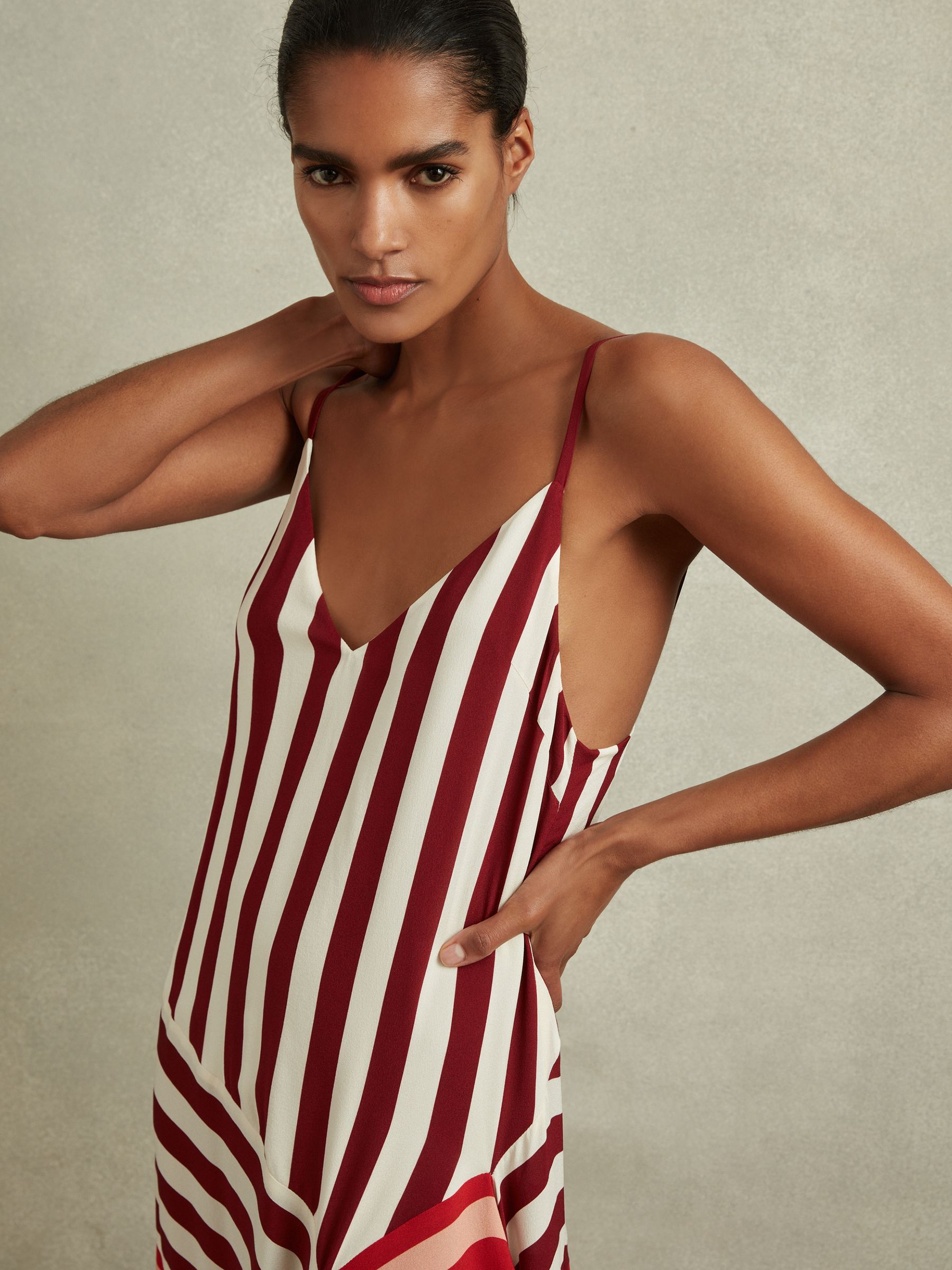 Colourblock Stripe Asymmetric Midi Dress in Burgundy/Off White - Image 3 of 6