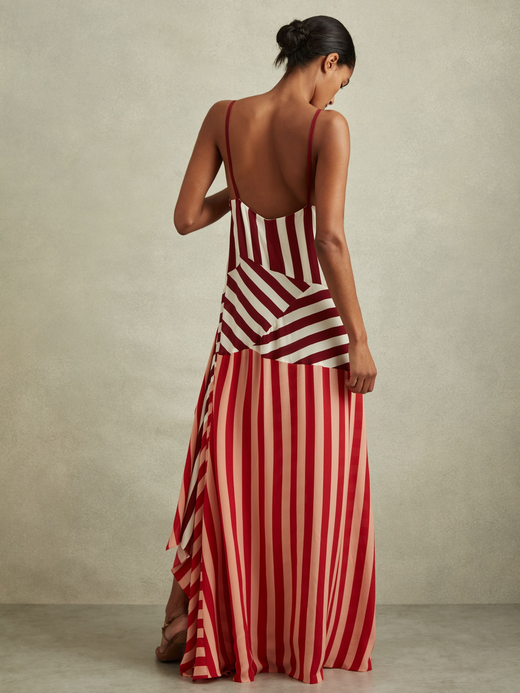 Colourblock Stripe Asymmetric Midi Dress in Burgundy/Off White - Image 4 of 6