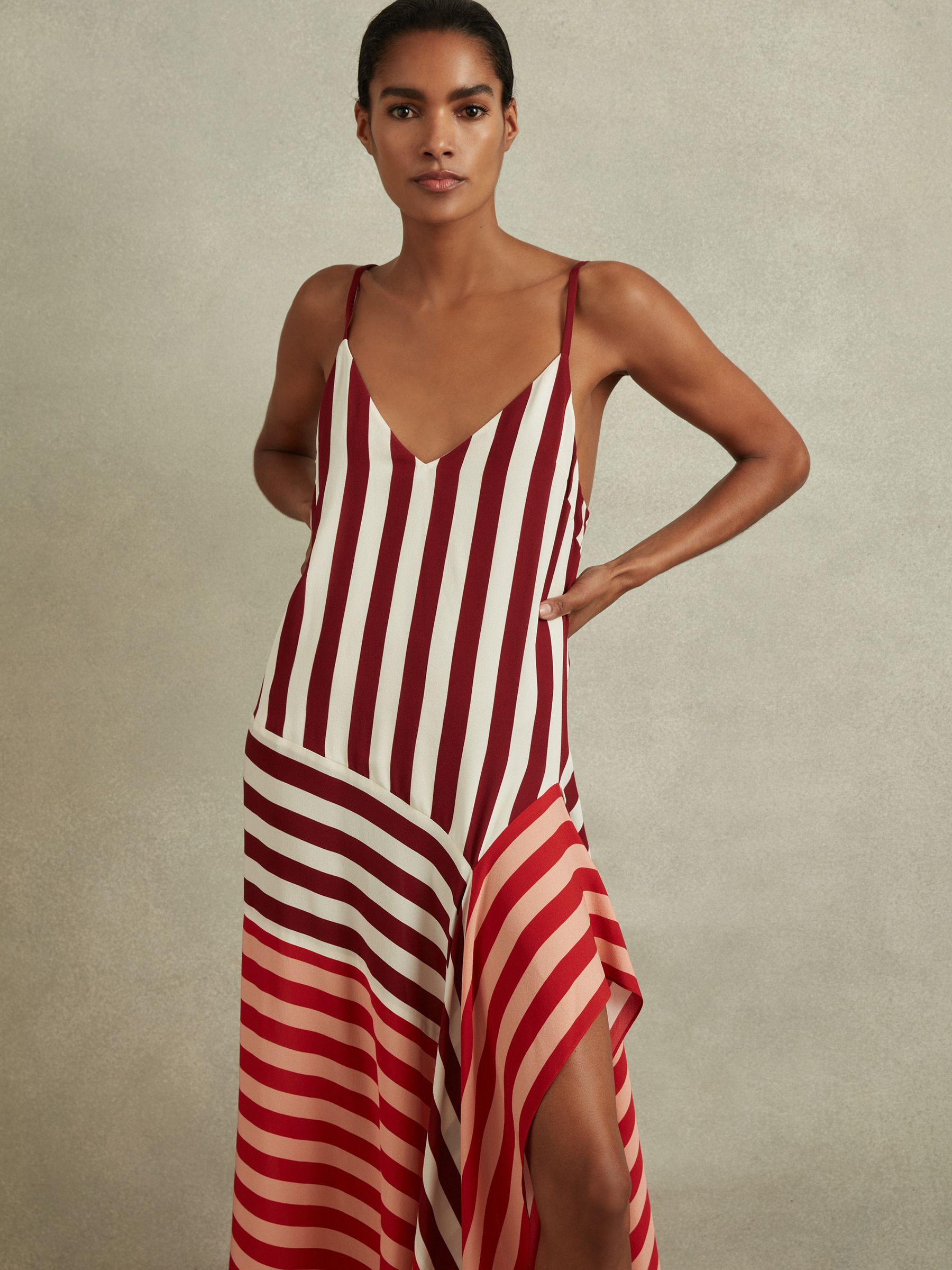 Colourblock Stripe Asymmetric Midi Dress in Burgundy/Off White - Image 5 of 6