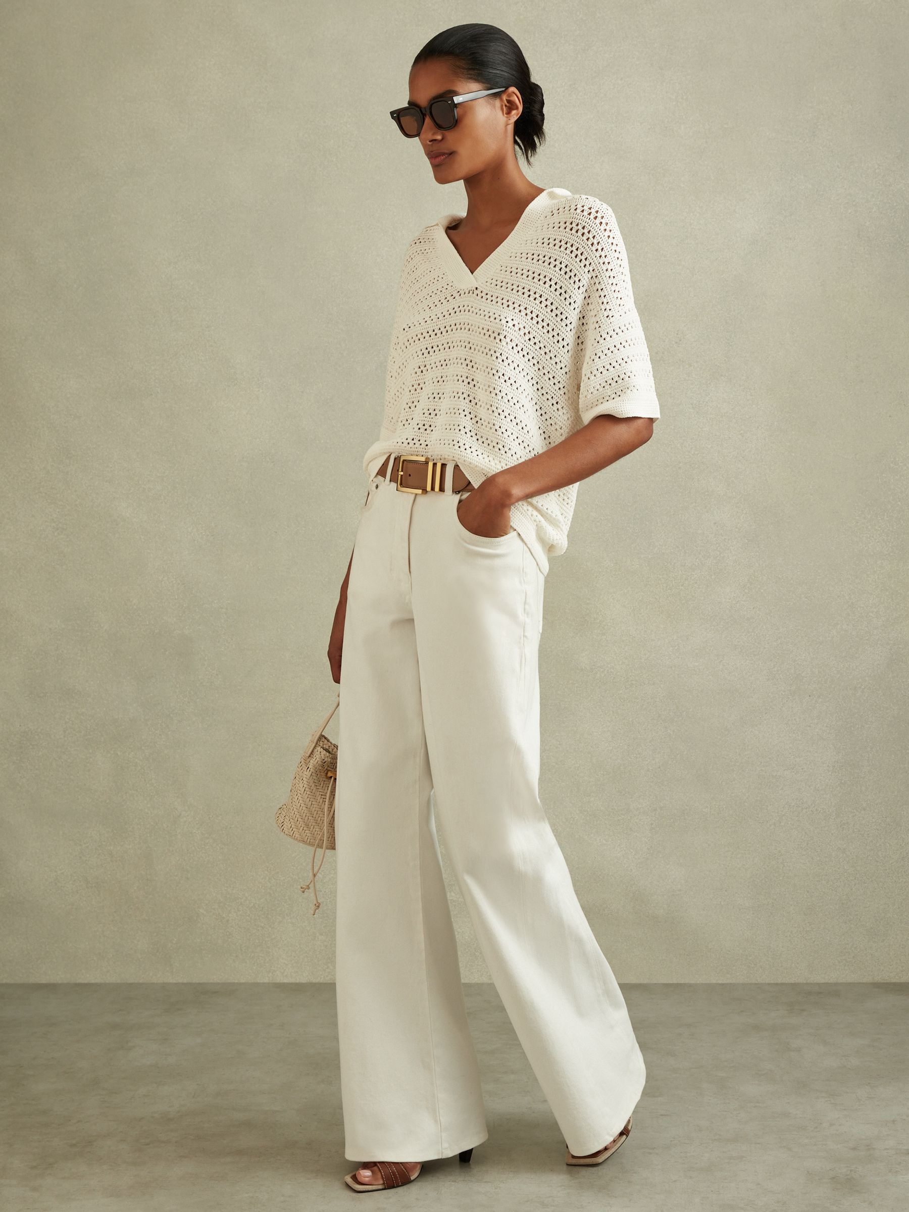 Knitted Open-Collar Polo Shirt in Ivory - Image 3 of 5