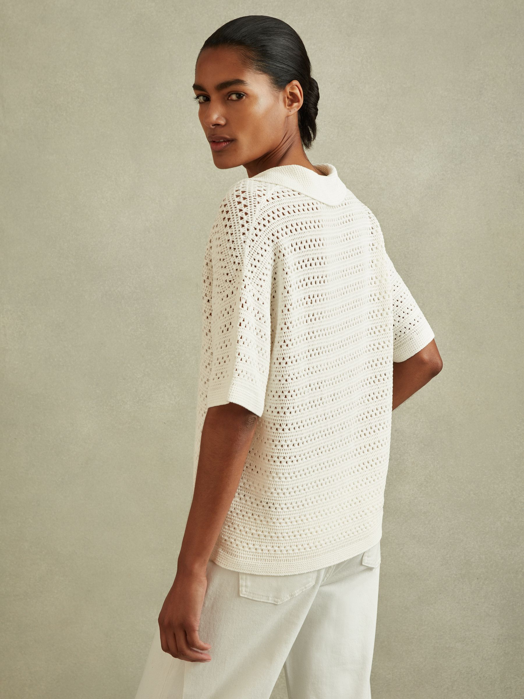 Knitted Open-Collar Polo Shirt in Ivory - Image 4 of 5
