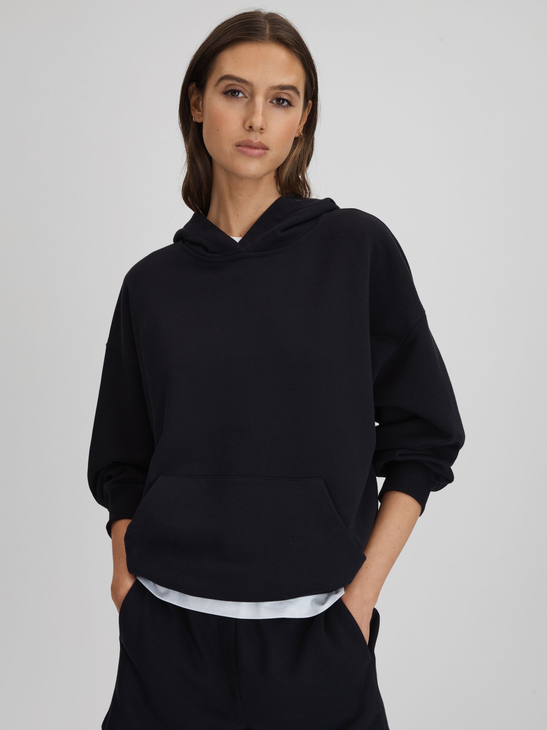 Cotton Blend Crew Neck Hoodie in Navy - Image 1 of 5