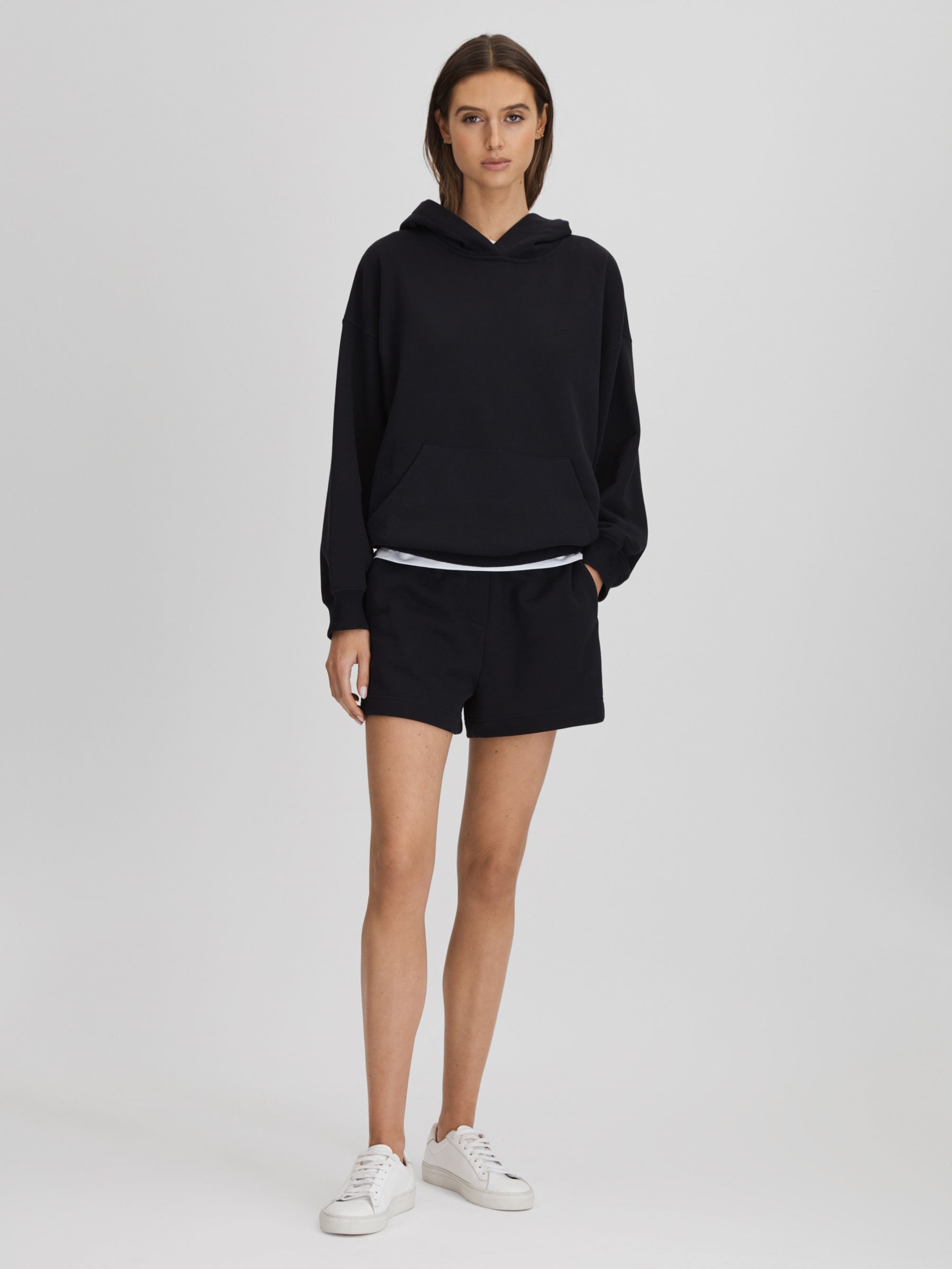 Cotton Blend Crew Neck Hoodie in Navy - Image 3 of 5