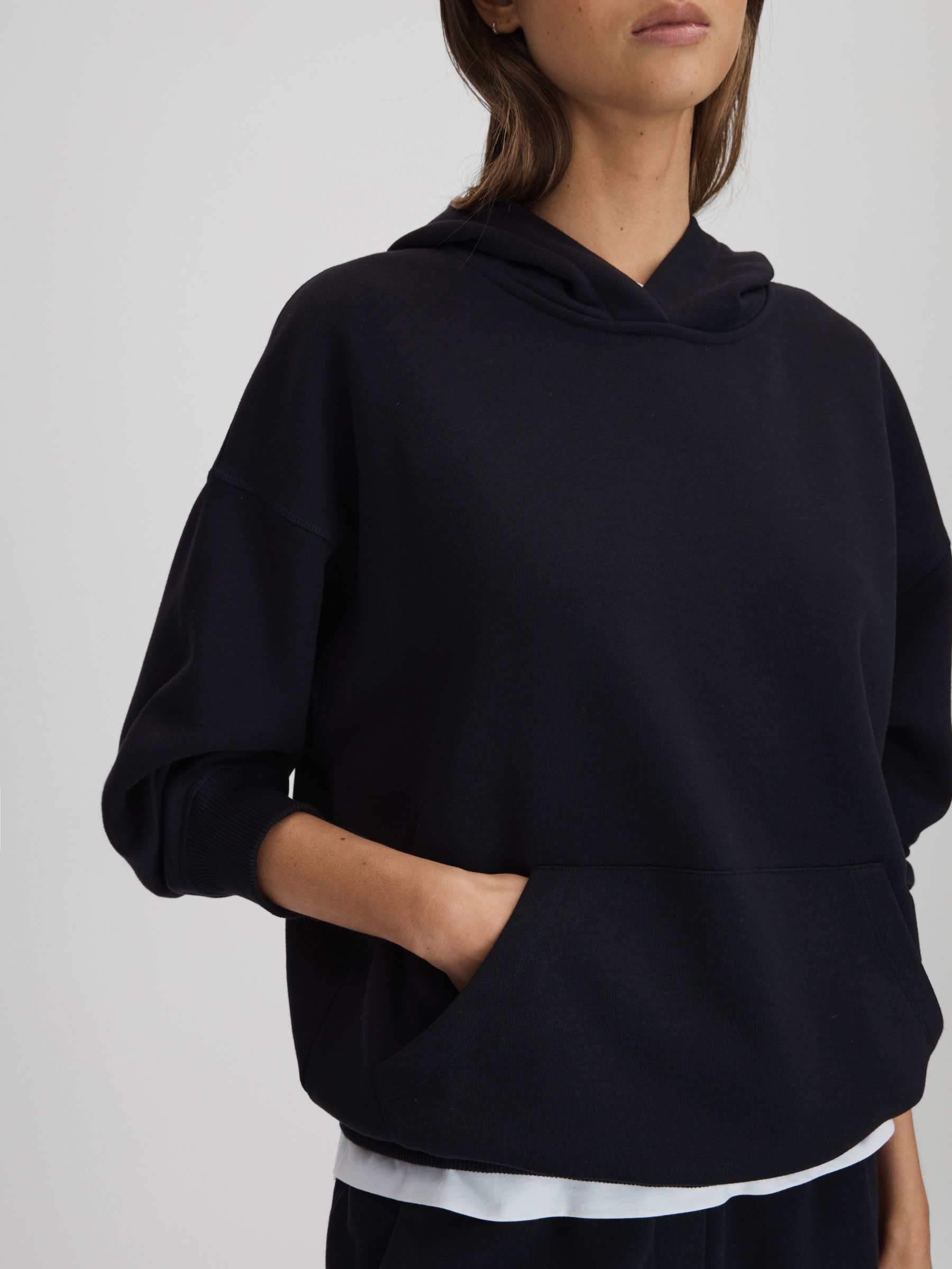 Cotton Blend Crew Neck Hoodie in Navy - Image 4 of 5