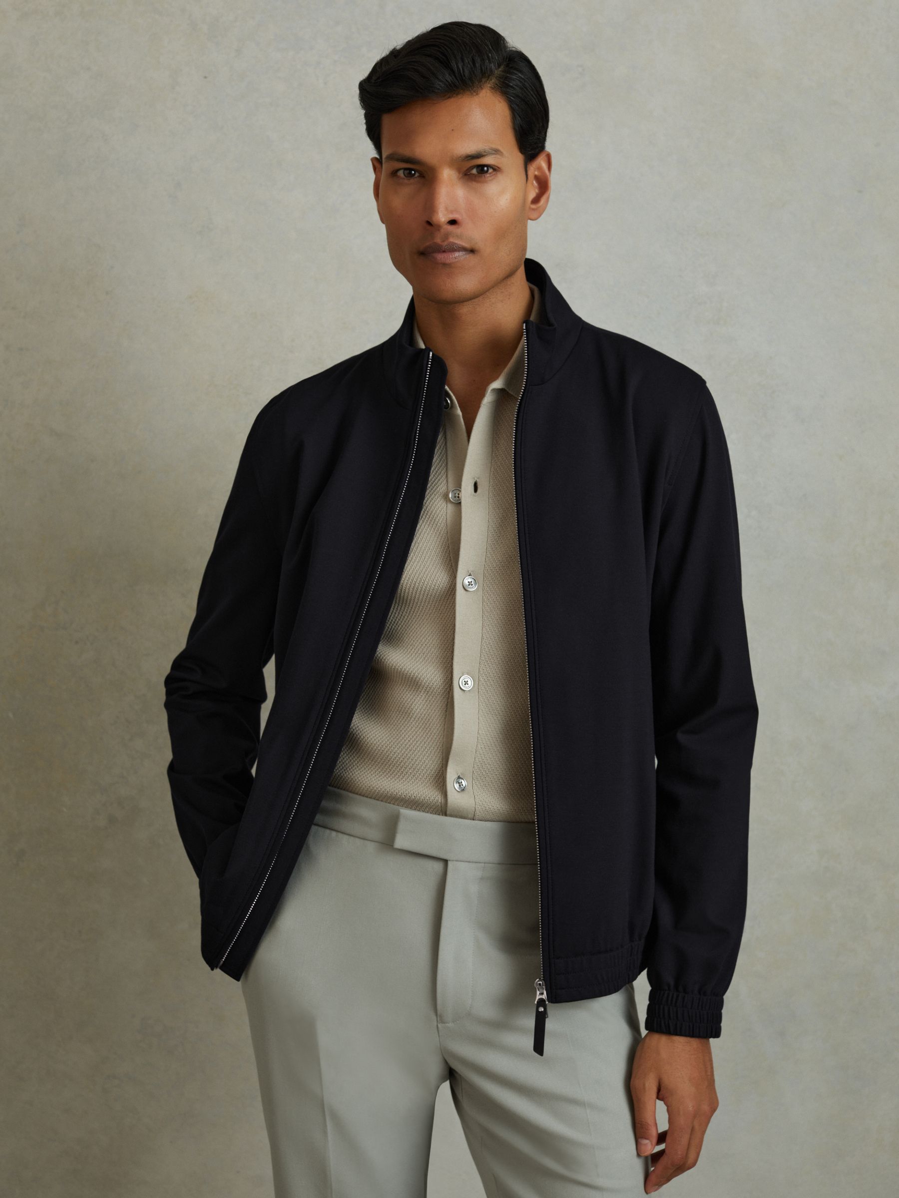 Elasticated Hem Zip-Front Bomber Jacket in Navy - Image 1 of 5 Elasticated Hem Zip-Front Bomber Jacket in Navy - Image 1 of 5