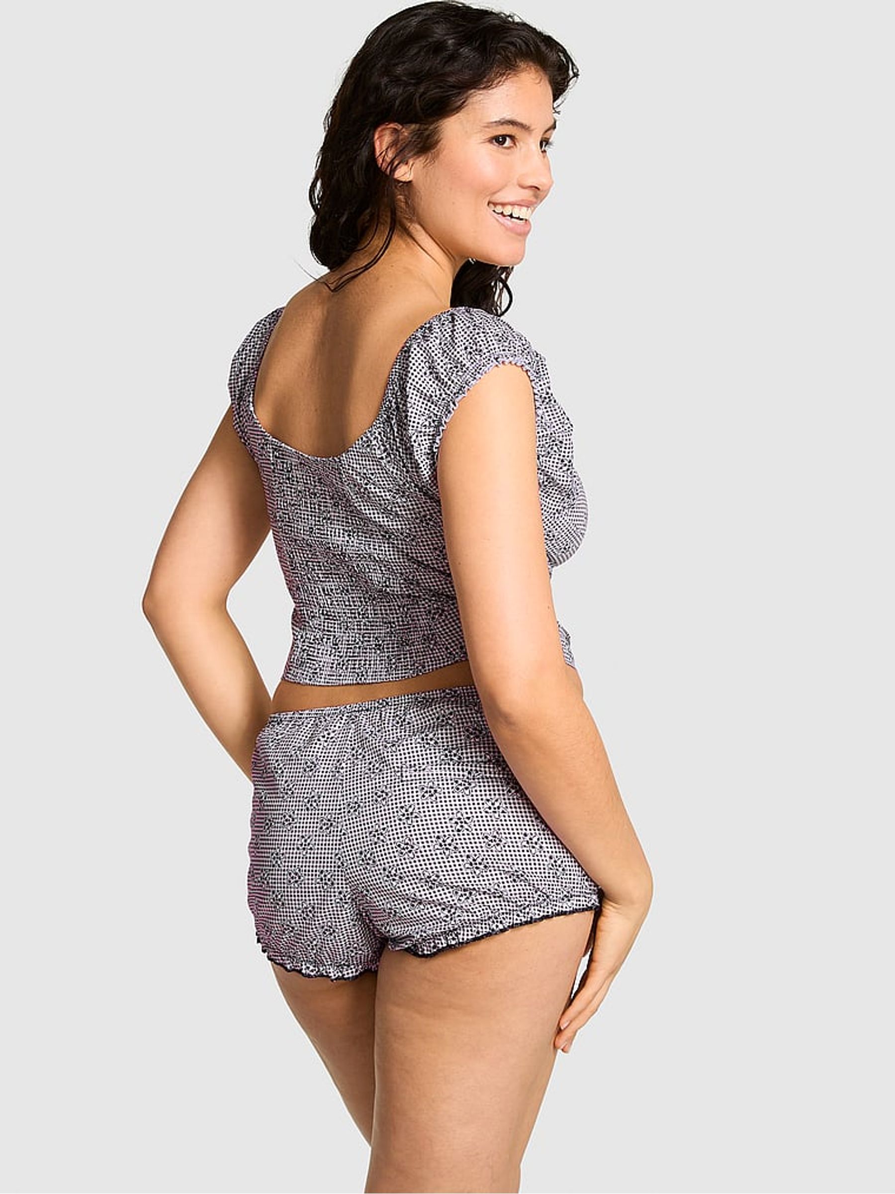 Midnight Meadow Grey Satin Frankies Bikinis Marilyn Satin Short Sleeve Crop Top - Image 2 of 3