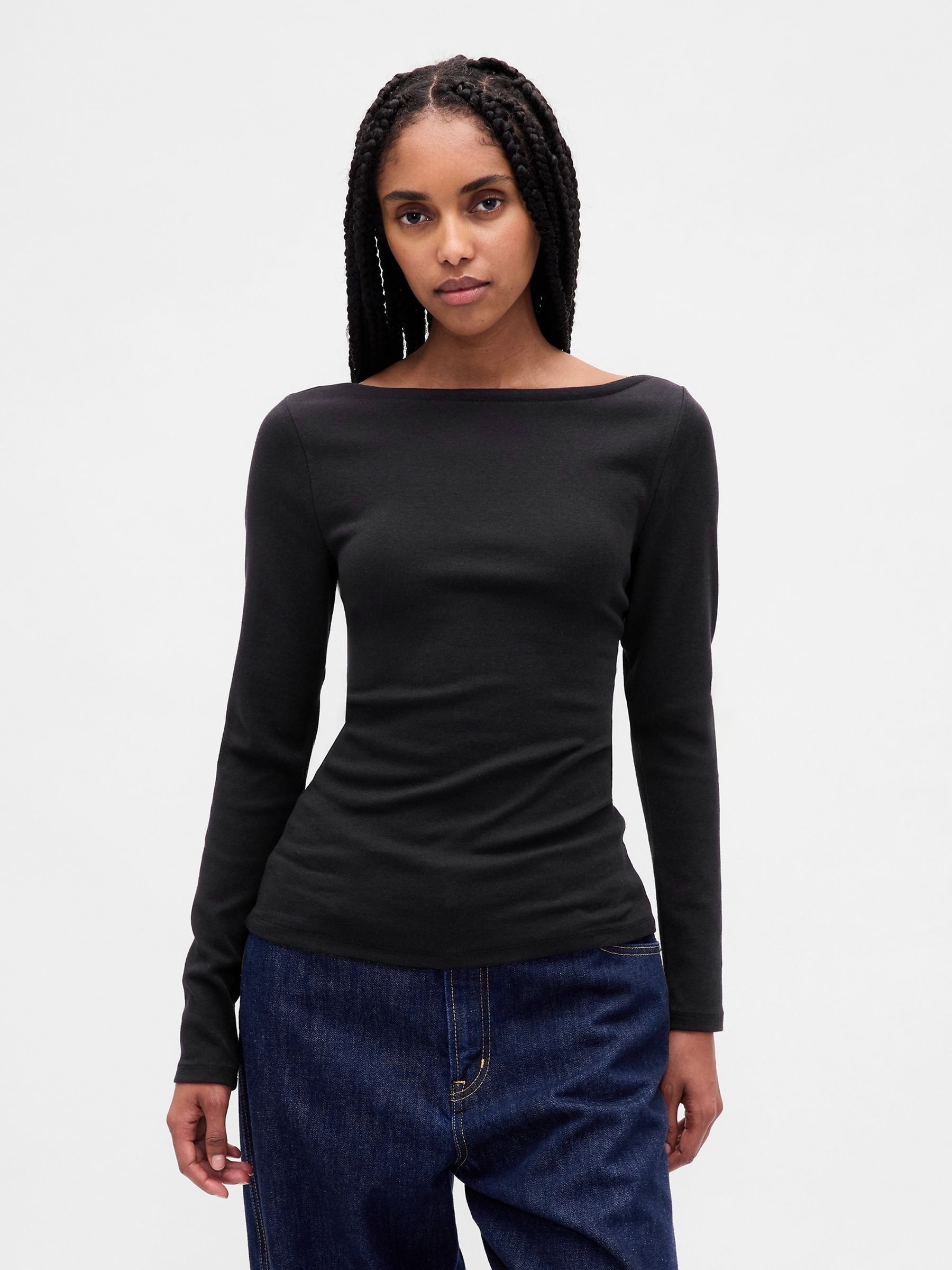 Black Modern Boatneck Long Sleeve T-Shirt - Image 1 of 4