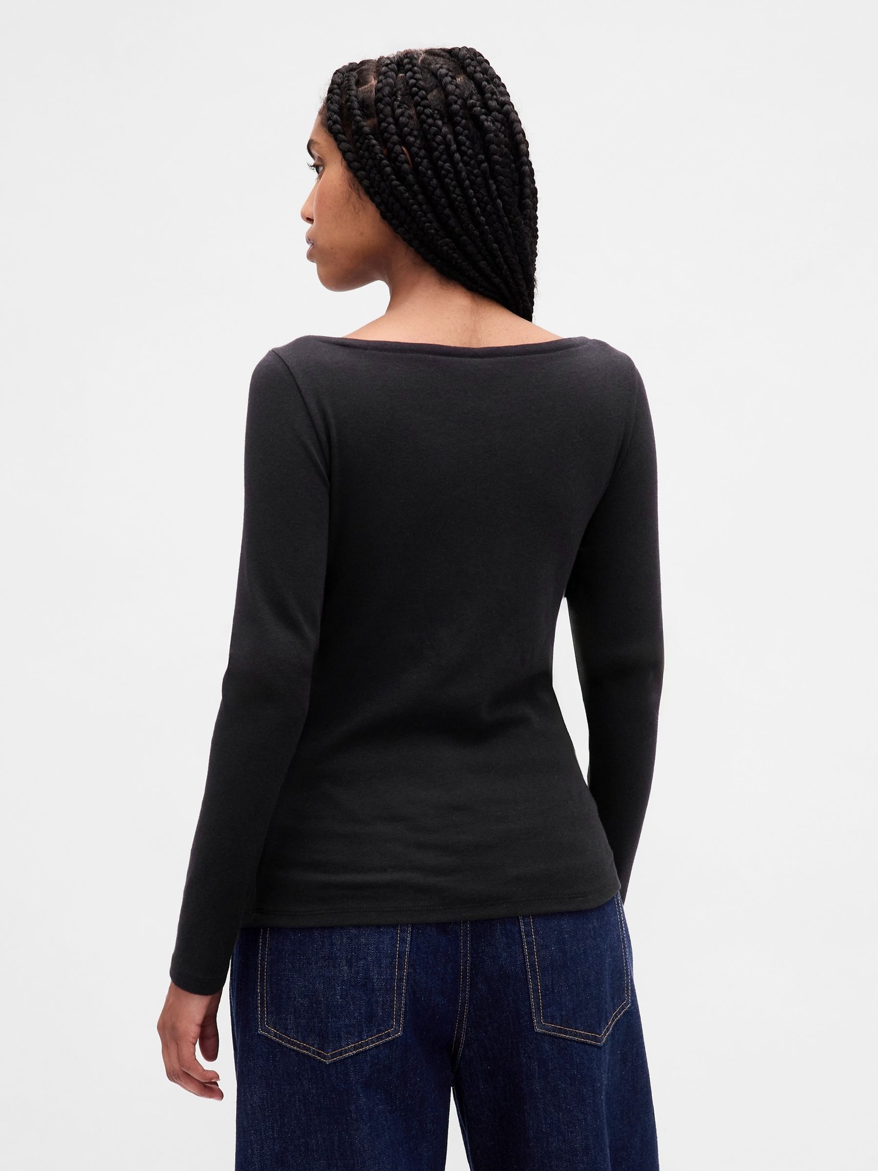 Black Modern Boatneck Long Sleeve T-Shirt - Image 2 of 4