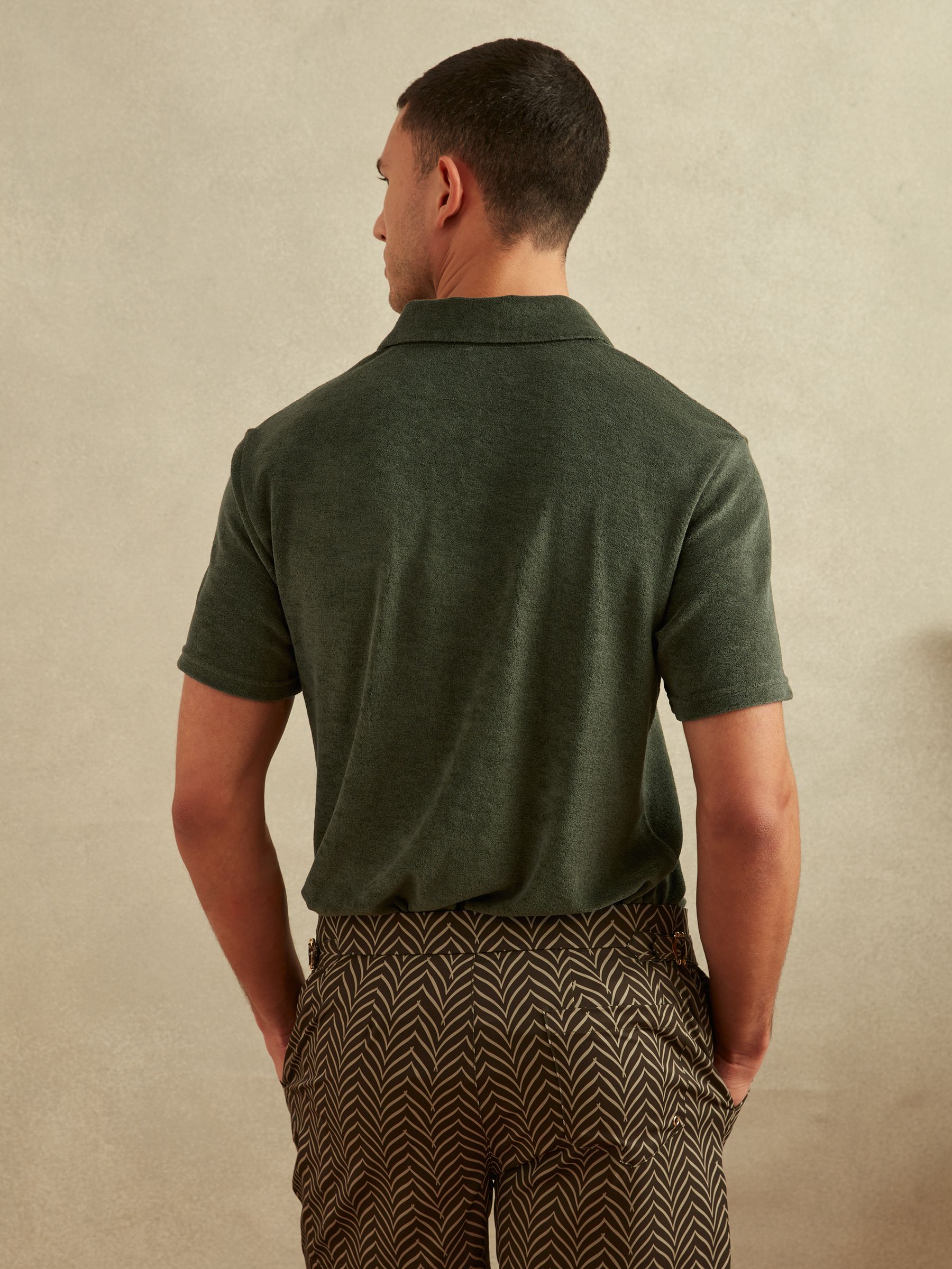 Towelling Polo Shirt in Olive Green - Image 4 of 5