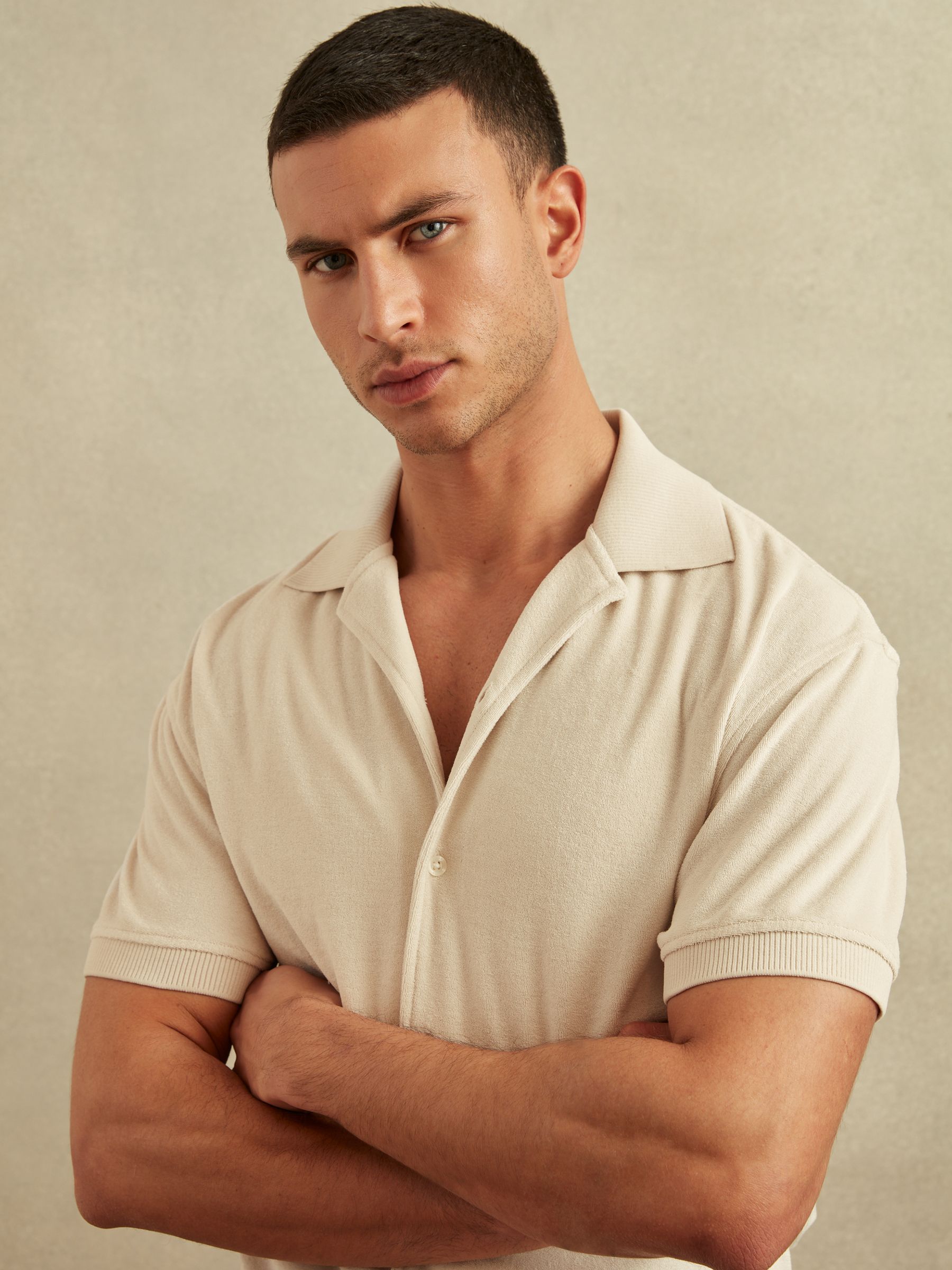 Towelling Cuban Collar Shirt in Off White - Image 1 of 6
