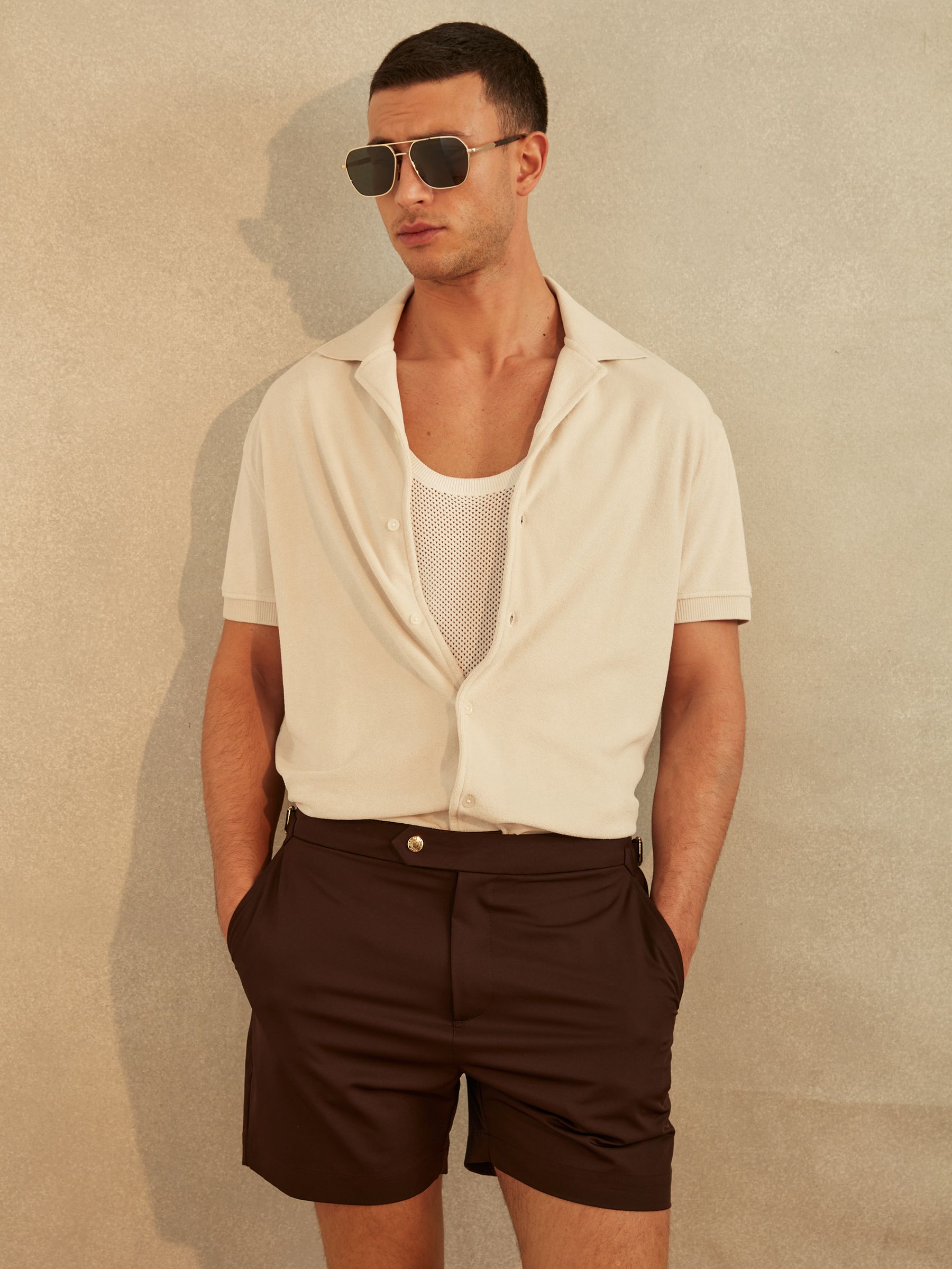 Towelling Cuban Collar Shirt in Off White - Image 4 of 6