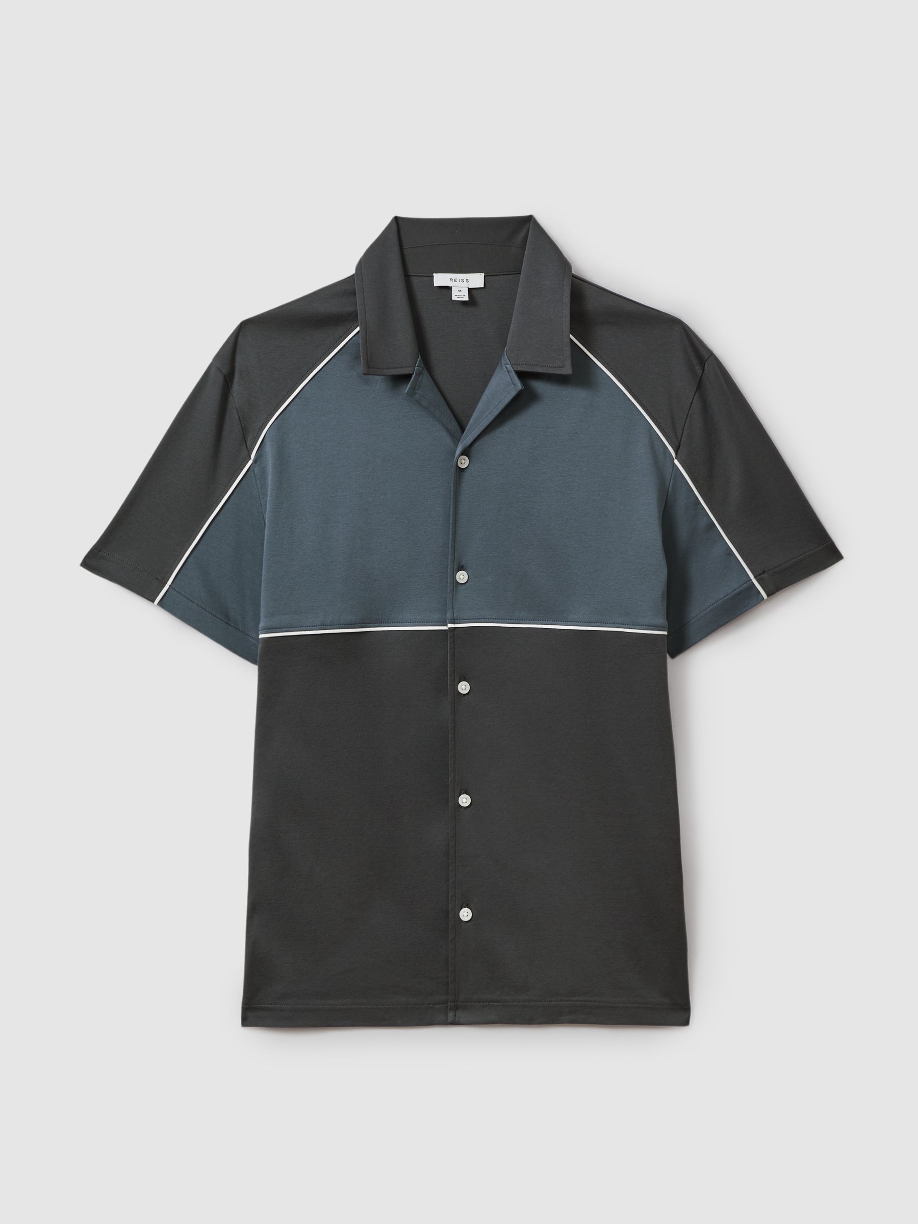 Mercerised Cotton Colourblock Cuban Collar Shirt in Blue Multi - Image 2 of 5